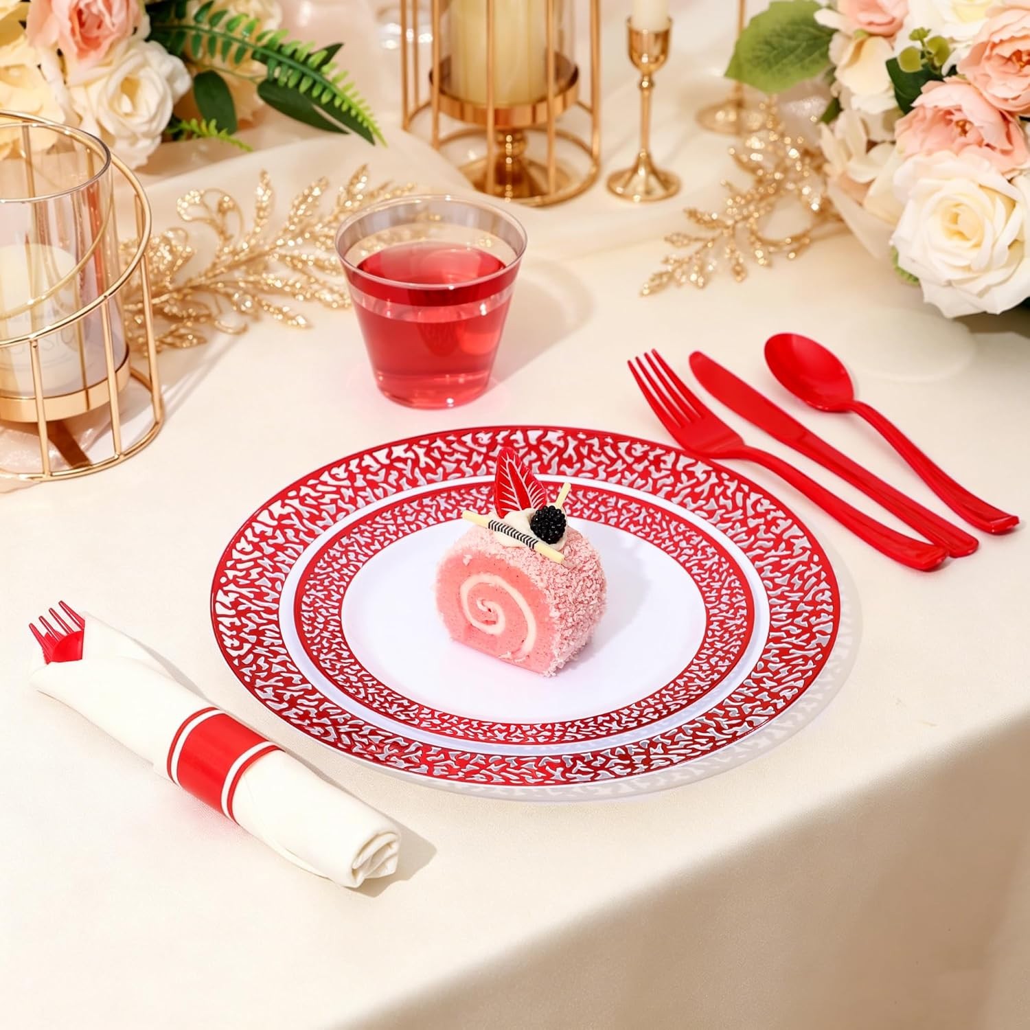 210Pcs Red Plastic Dinnerware for 30 Guests,Red Lace Disposable Plasticc Plates