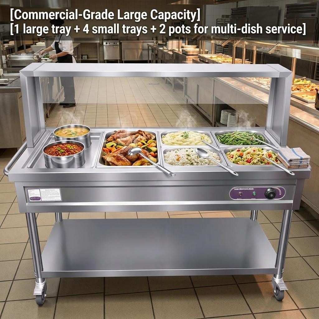 Commercial Food Warmer, 5 Pans + 2 Pots Electric Steam Table with Wheels