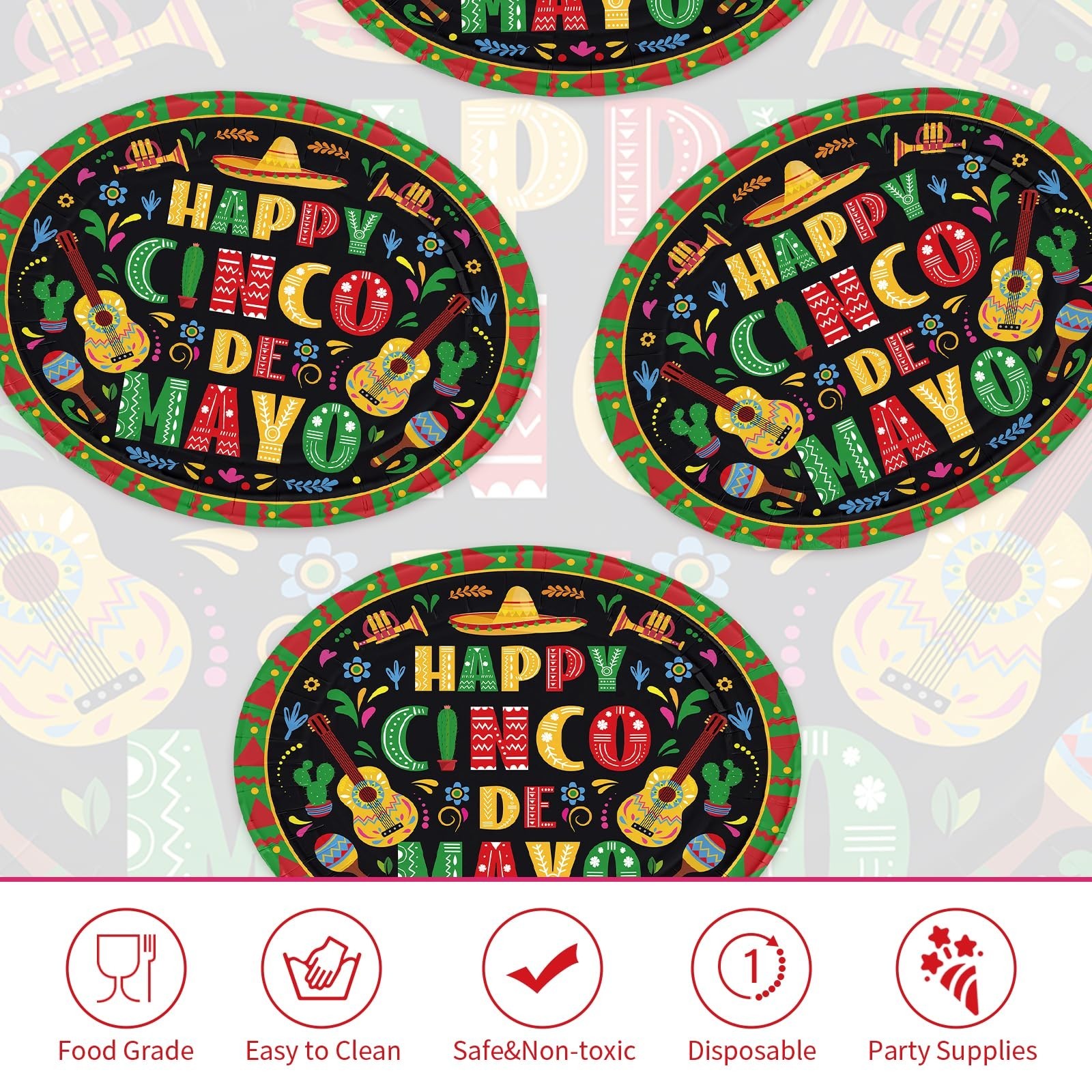 50Pcs Cinco De Mayo Oval Paper Plates 10″ x 12″ Large Disposable Heavy Duty M…
