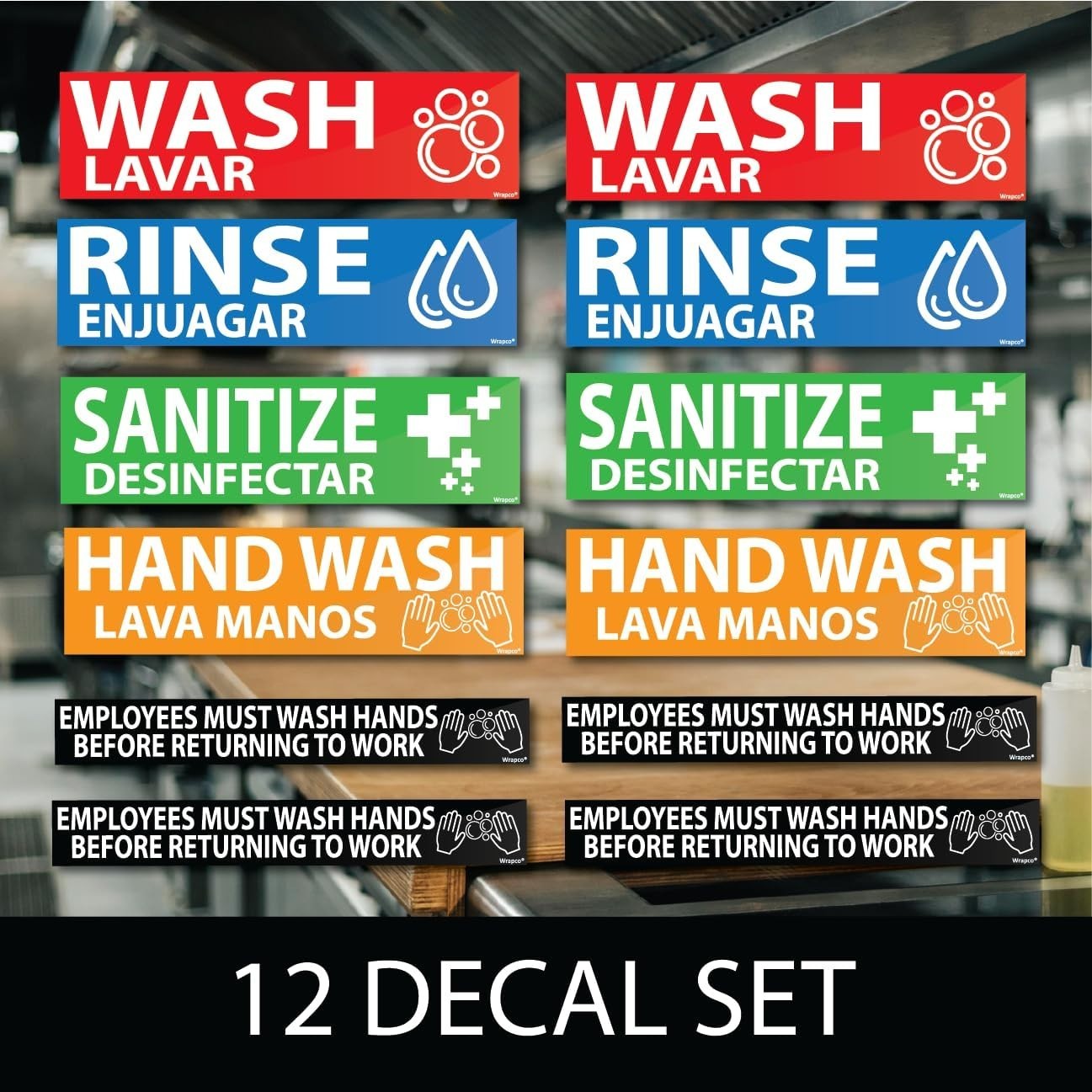 12 Pack Wash Rinse Sanitize Sink Labels Stickers, Hand Wash Sink Sign, 3 comp…