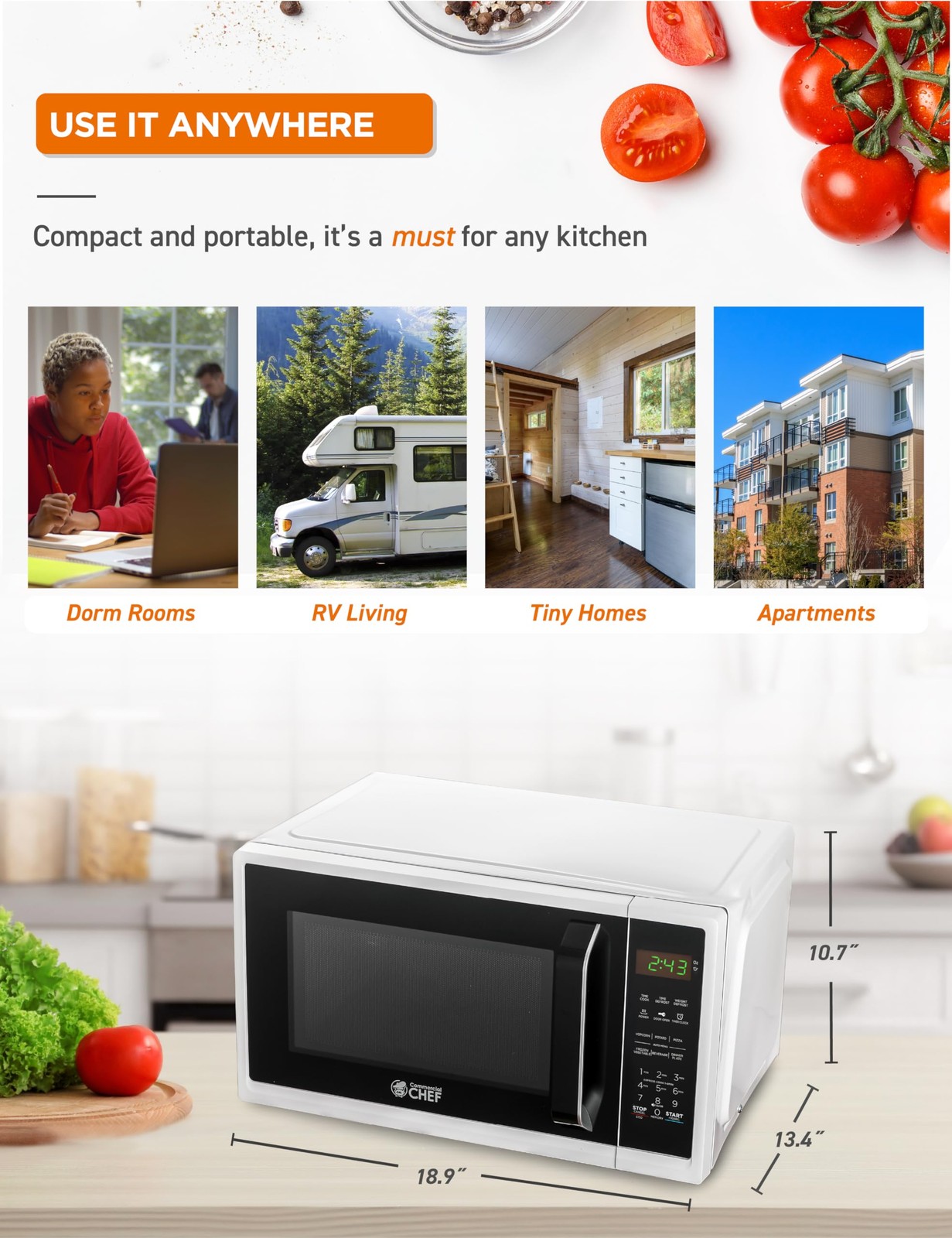 COMMERCIAL CHEF 0.9 Cubic Foot Microwave with 10 Power Feet, White