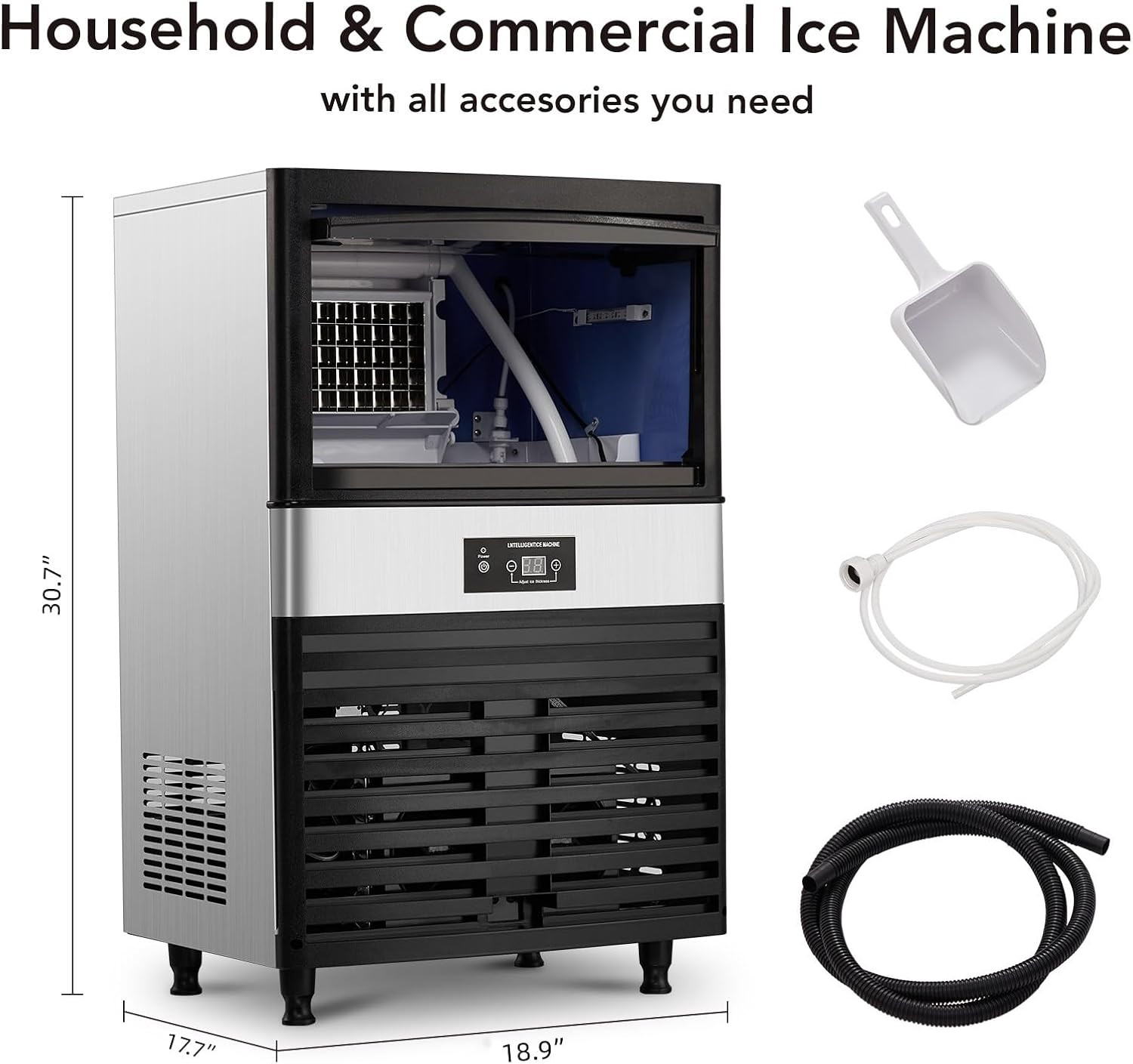Commercial Ice Maker Machine, 130Lbs Capacity, 40Lbs Ice Bin, Self Clean Button,