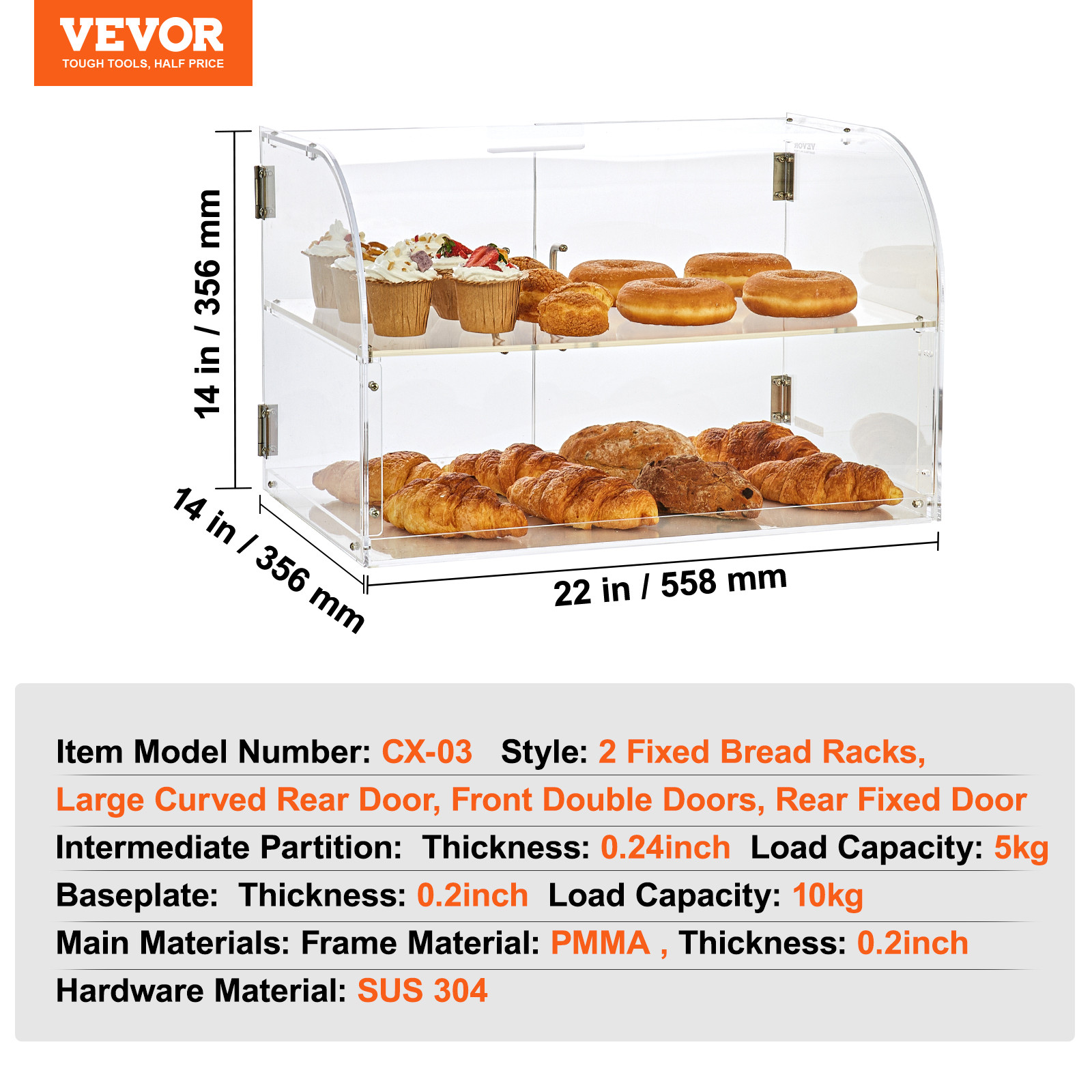 VEVOR 2-Tier Acrylic Bakery Display Case Countertop Donut Pastry Case Rear Door