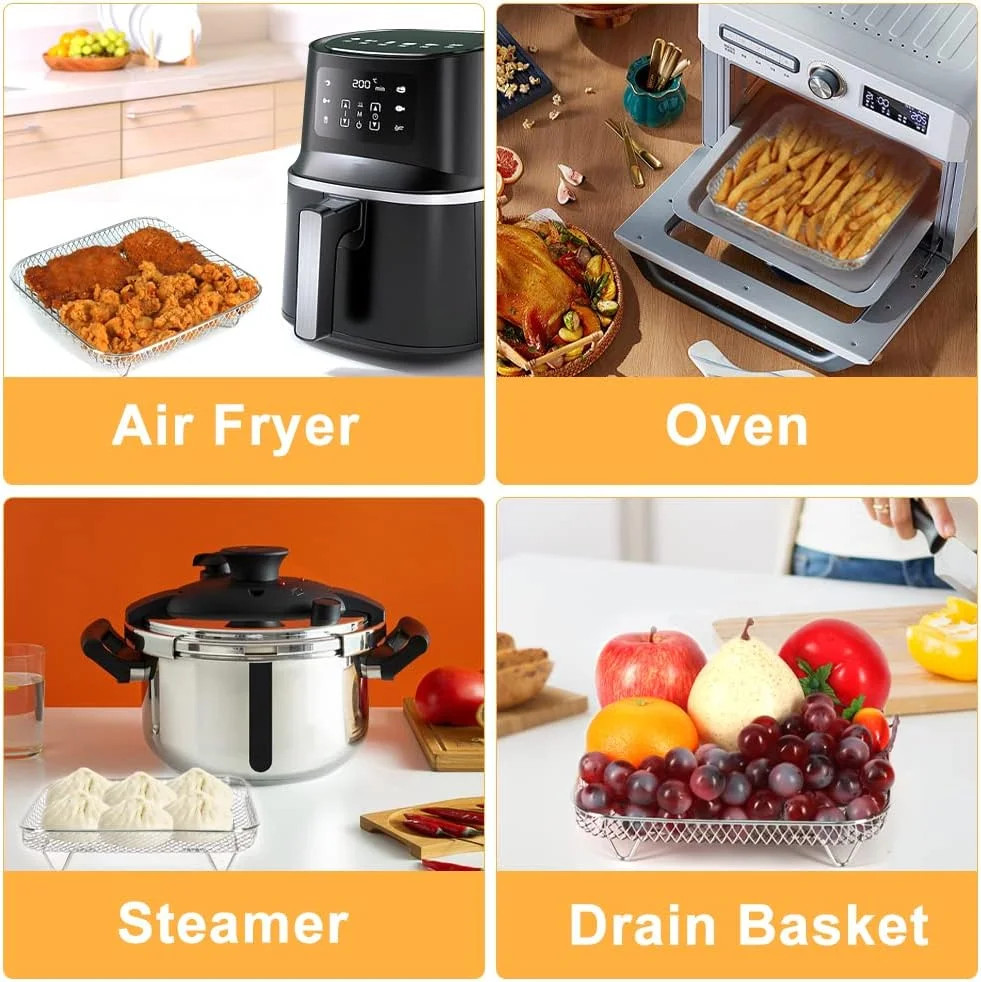 BYKITCHEN 8 inch Square Air Fryer Rack, 3pcs Stackable Stainless Steel Dehydrato