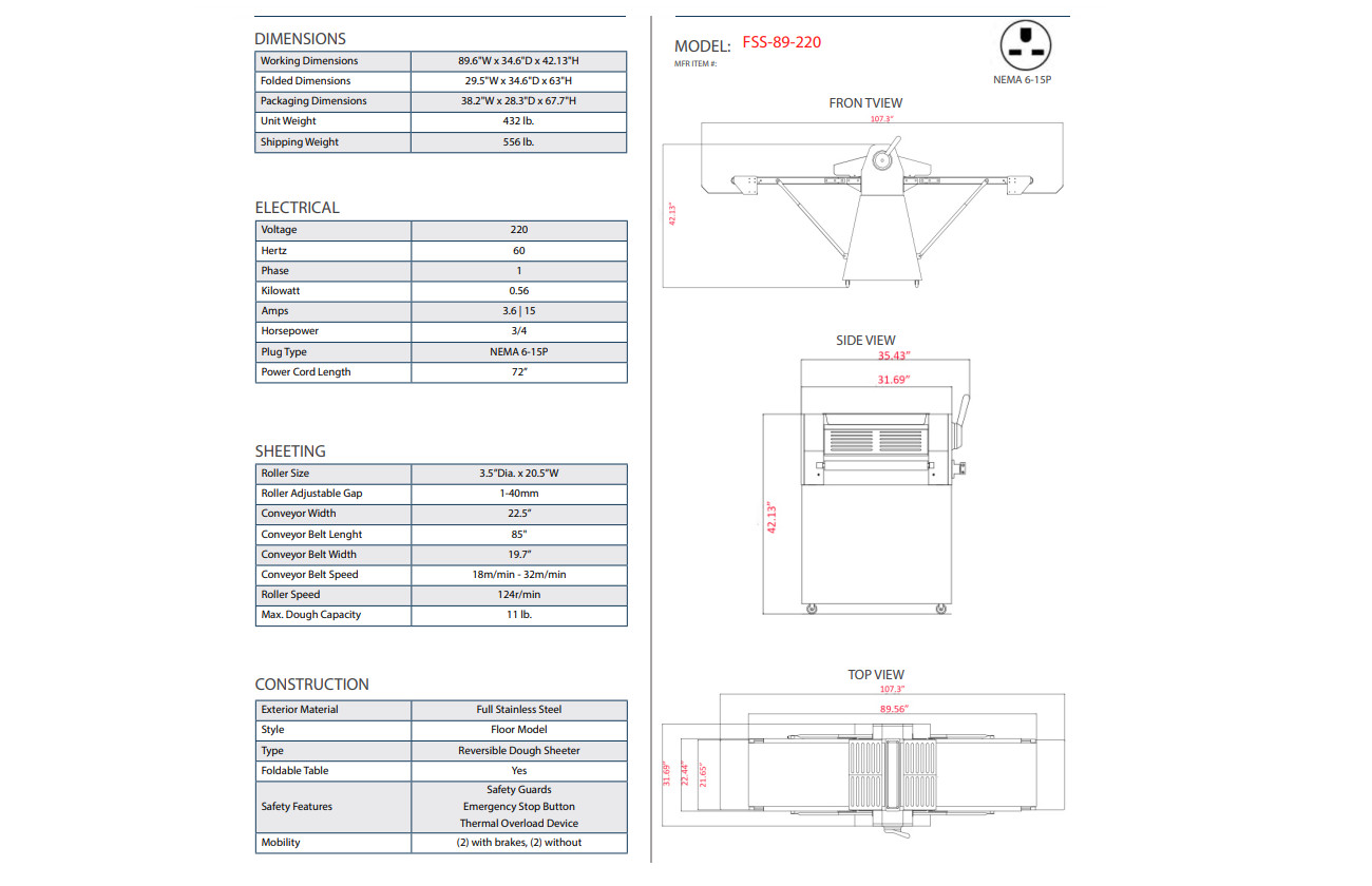 Prepline FSS-89-220, 89″ Floor Model Reversible Dough Sheeter with Roller Pin