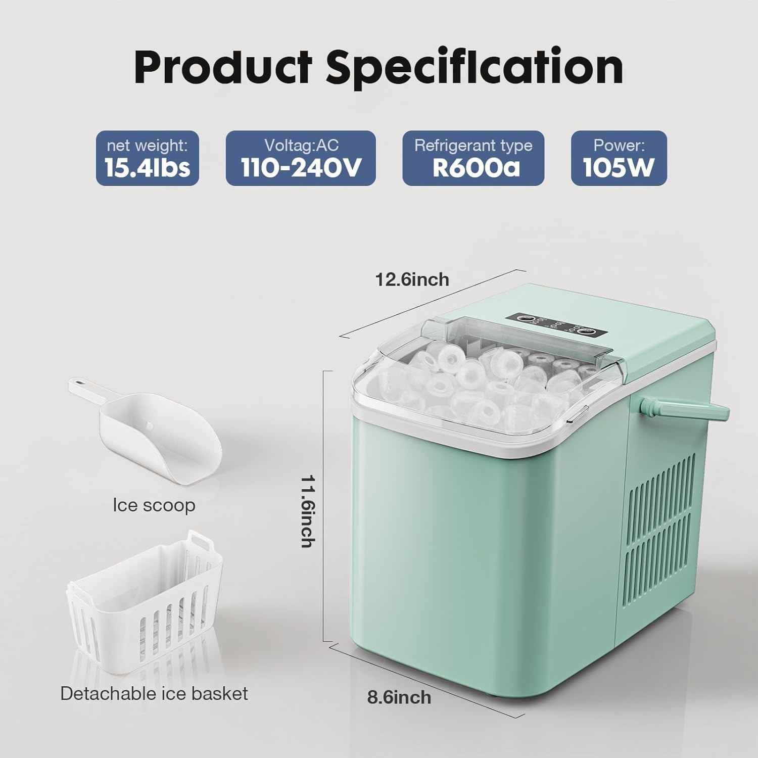 Portable Countertop Ice Maker 26.5LB/Day Self Cleaning Ice Machine Green