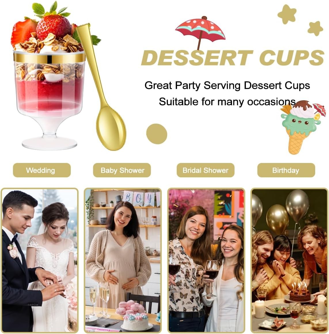 160Pcs Dessert Cups with Golden Spoon,5Oz Clear Plastic Parfait Cups,Mini