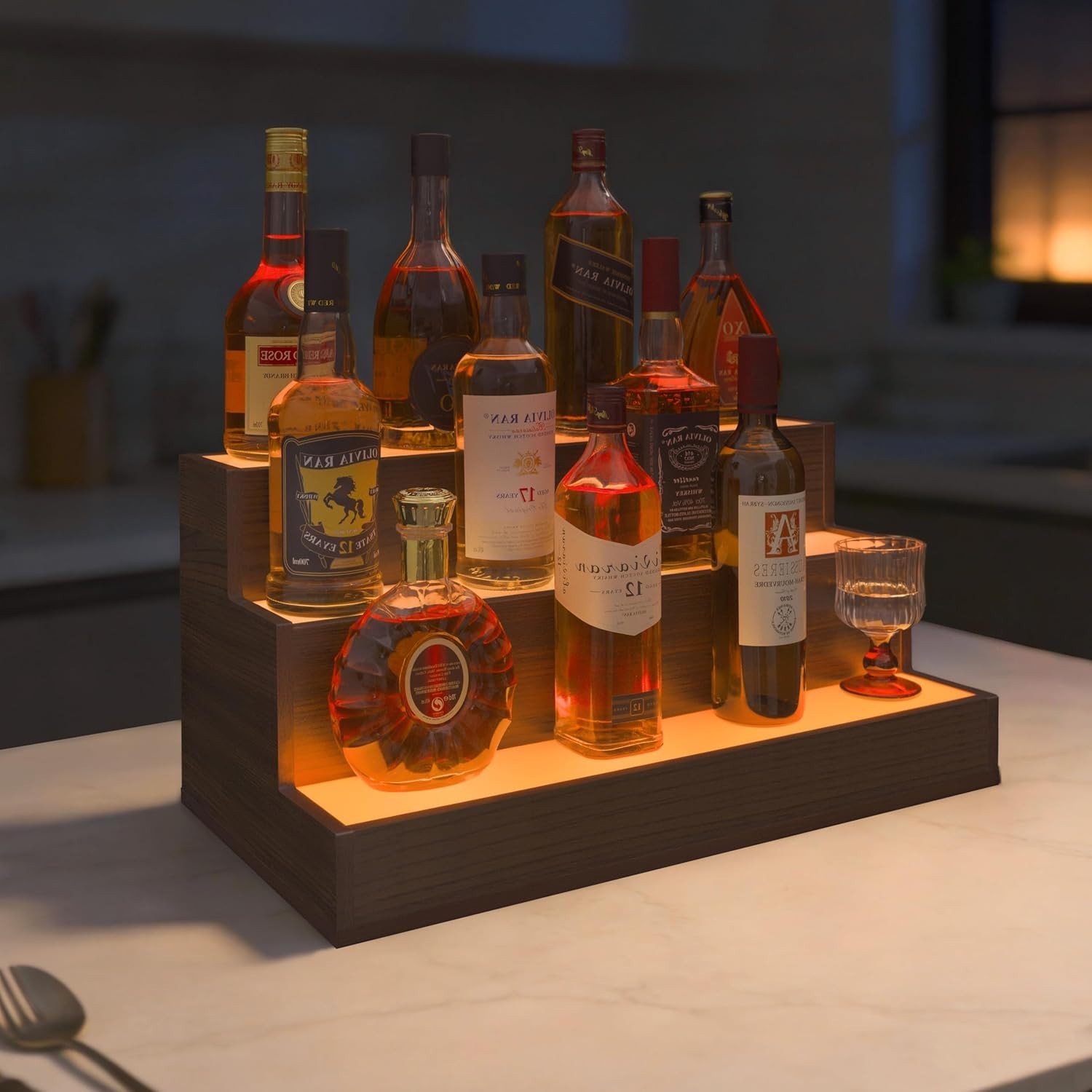 LED Liquor Bottle Display Shelf 24 Inch Walnut Modern 3 Tier Bar