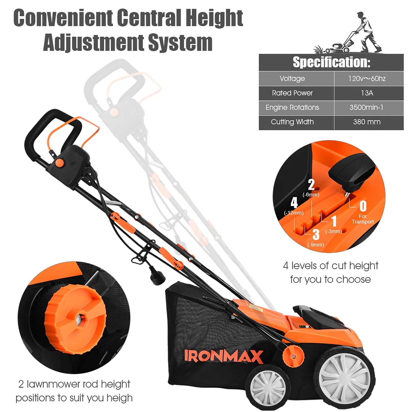 Costway Ironmax 13Amp Corded Scarifier 15″ Electric Lawn Dethatcher W/50L Bag