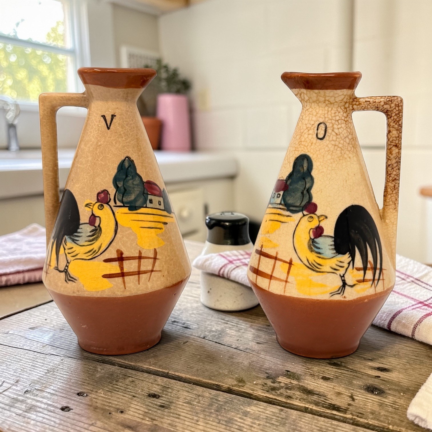 Vintage Hand Painted Rooster Oil and Vinegar Cruets Set Mid Century Farmhouse 5″
