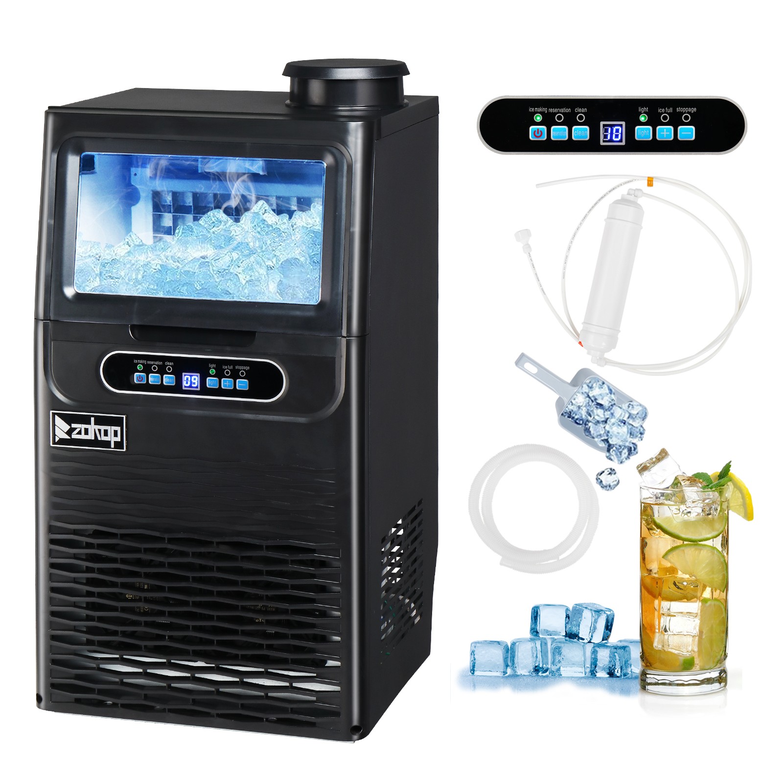 ZOKOP 70Lbs Freestand Commercial Home Hotel Ice Maker Machine Cube Bar Service