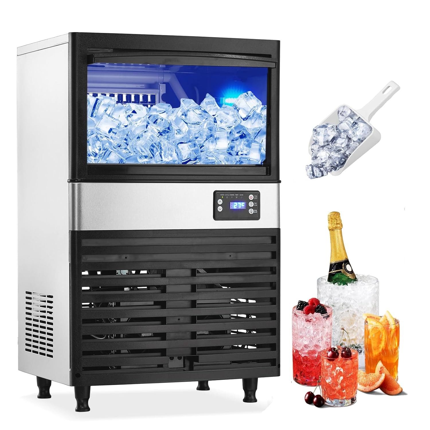 150LBS Per 24H Commercial Ice Maker Stainless Steel 12kg Storage for Bar Cafe