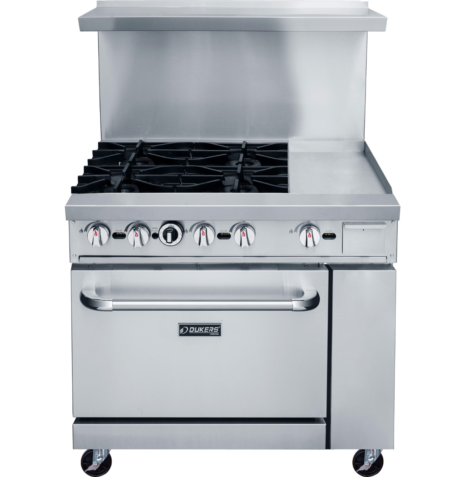 NEW 36″ Range 12″ Griddle 4 Burner Combo Std Oven NG On Wheels Dukers #1336