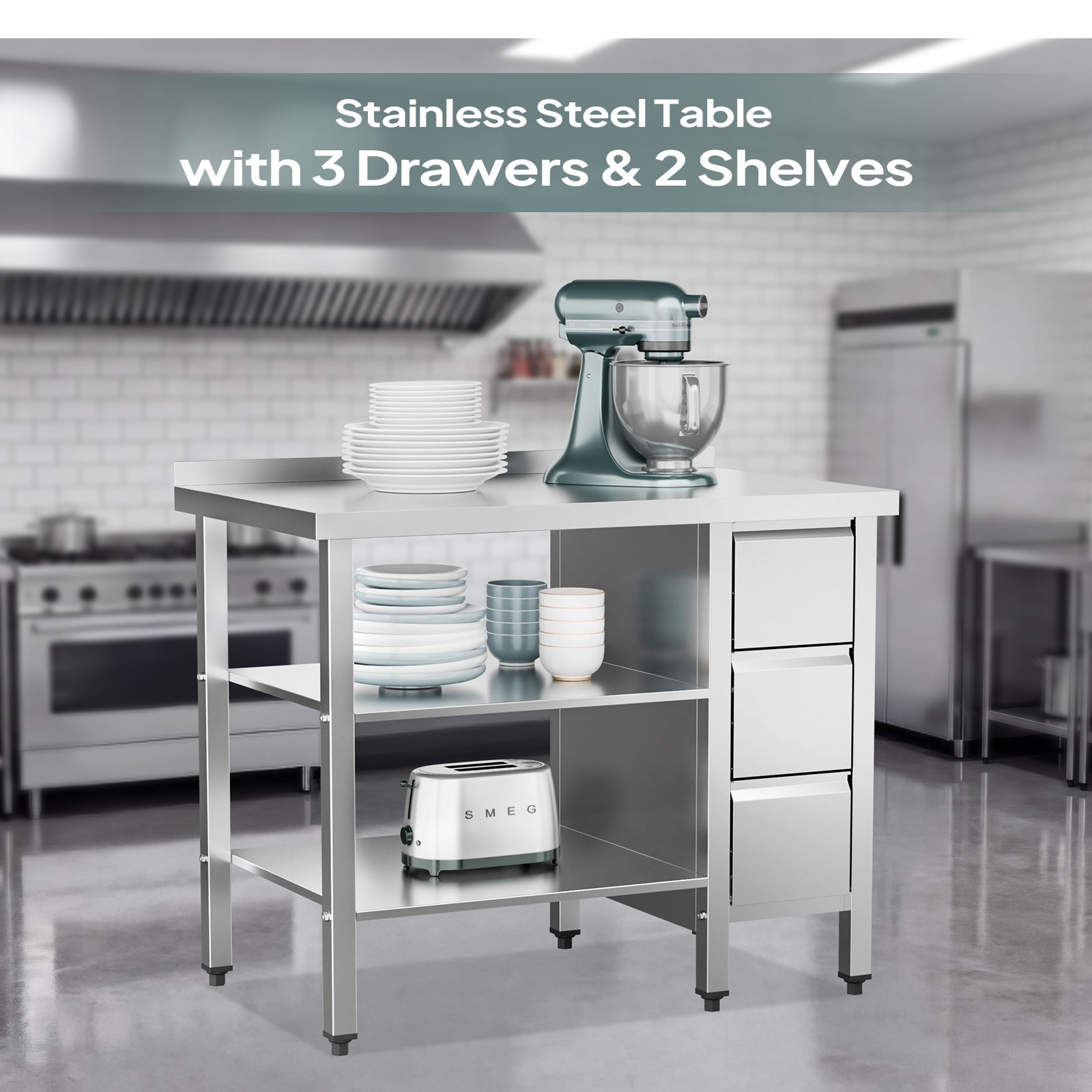 39″ x 24″ Stainless Steel Work Table with Undershelf & 3 Drawers for Commercial
