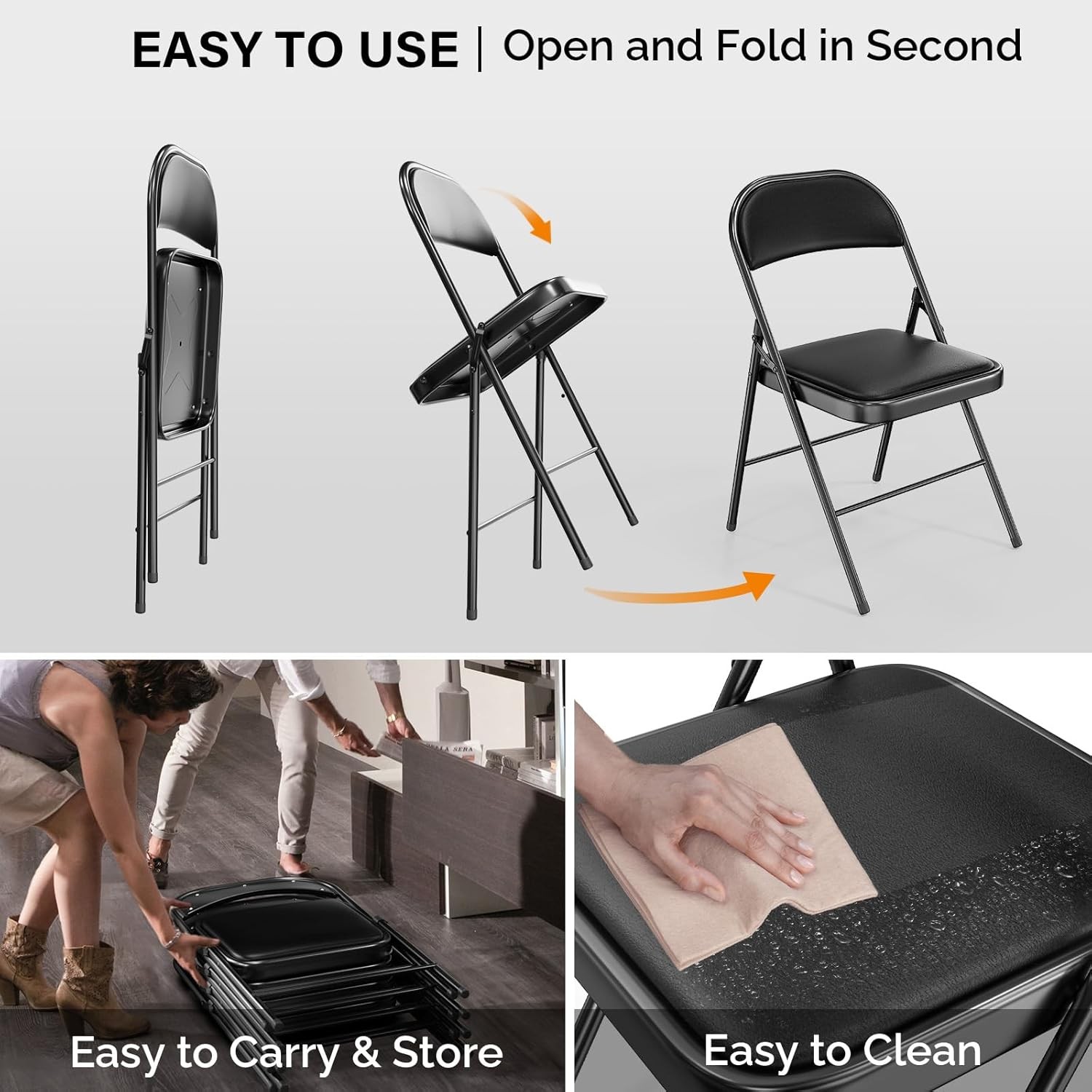 VINGLI 6 Pack Folding Chairs Padded PU Leather Metal 350 lbs Black