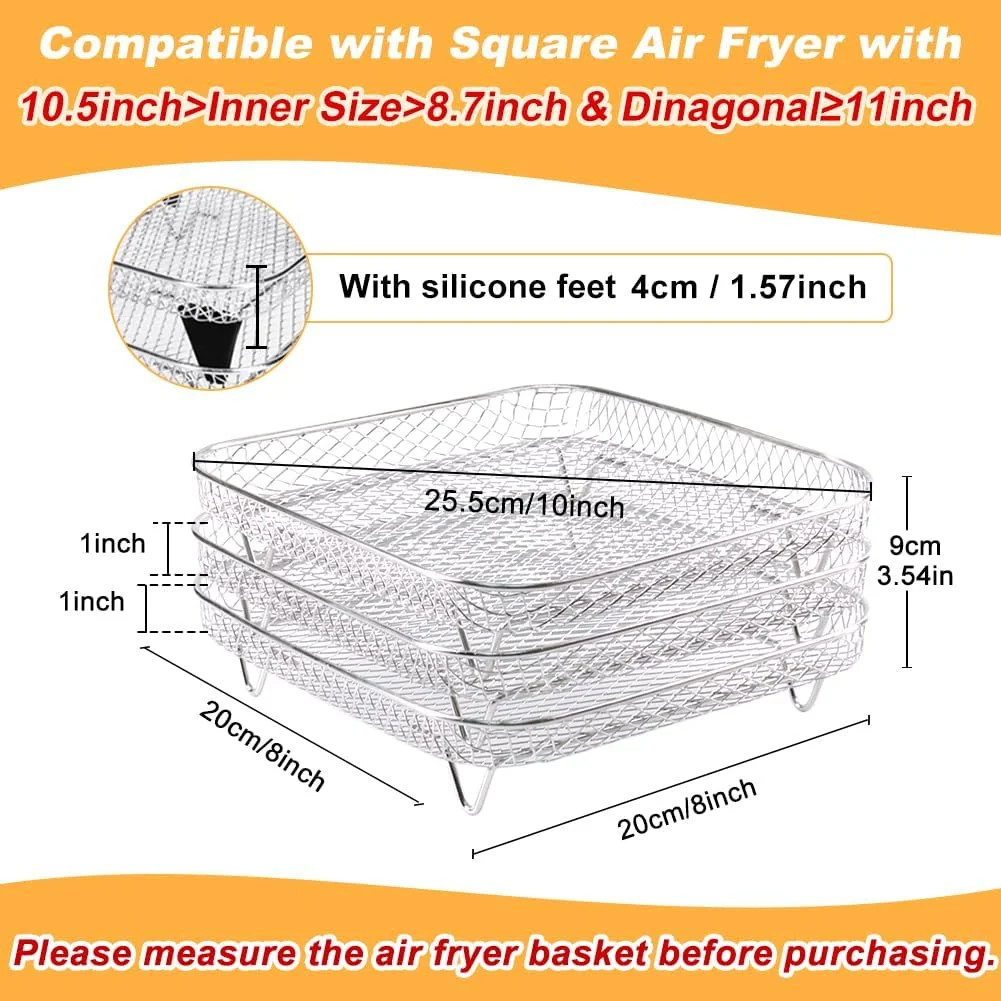 BYKITCHEN 8 inch Square Air Fryer Rack, 3pcs Stackable Stainless Steel Dehydrato