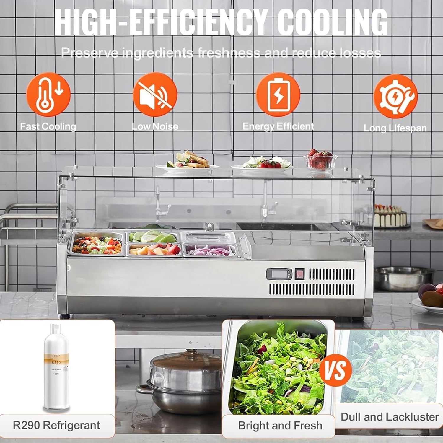🔥Refrigerated Prep Station, 130W Air-Cooling Salad Bar Buffet Station, 35-46°F