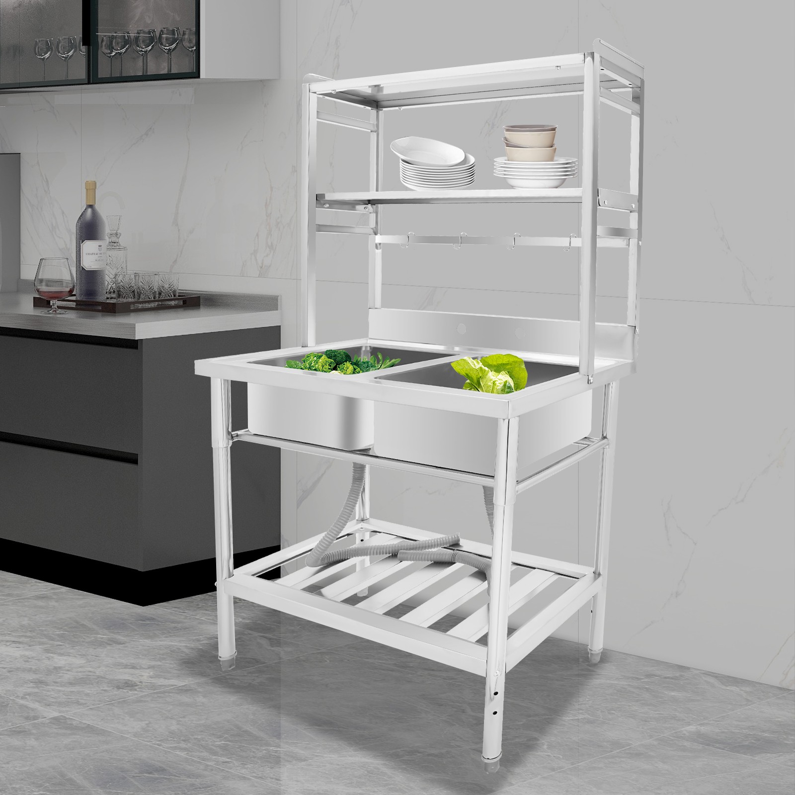 2 Compartment Sink Kitchen Rack Commercial Stainless Sink Free Standing Sink