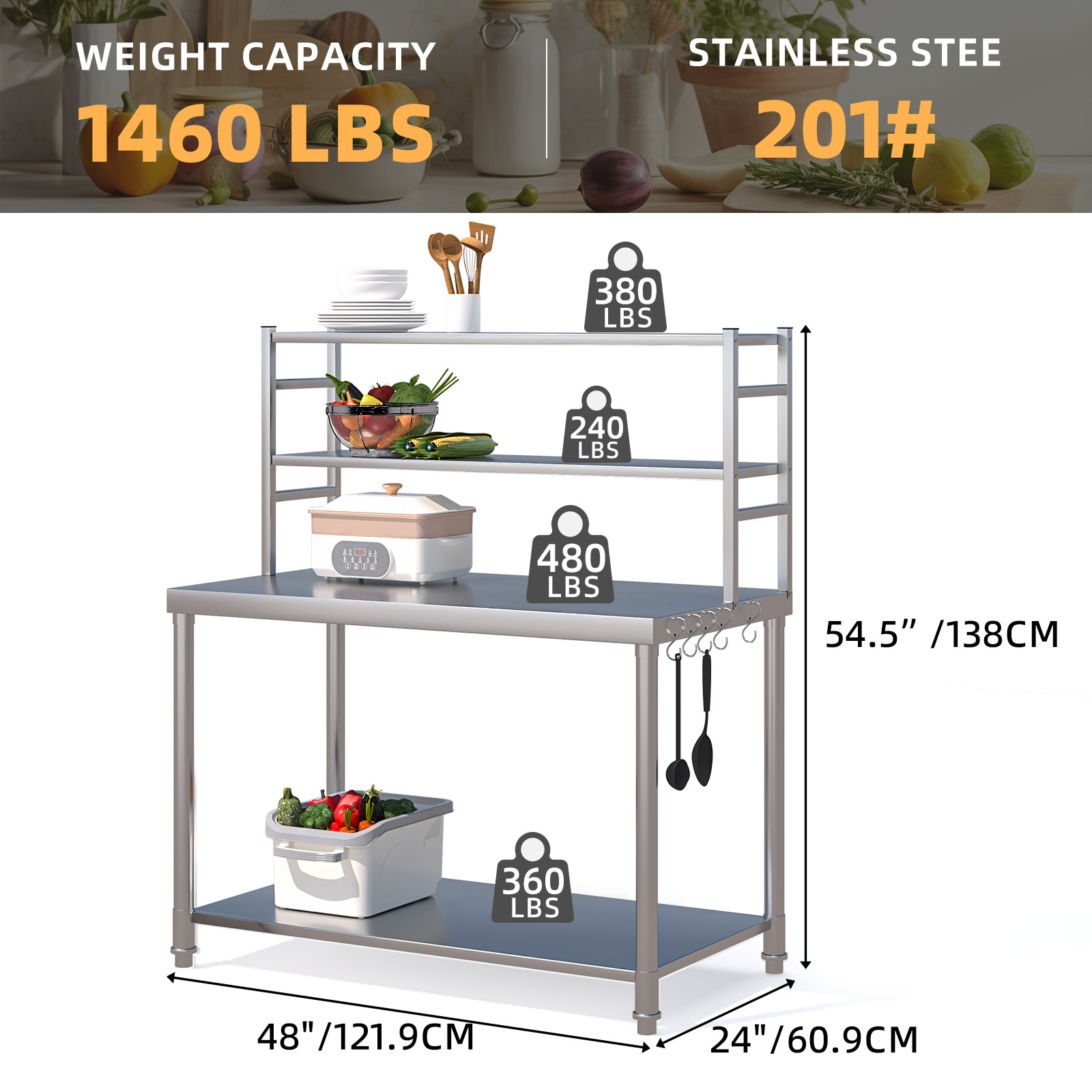 48″x24″ Stainless Steel Work Table Metal Prep Table 2 Adjustable Shelves Kitchen