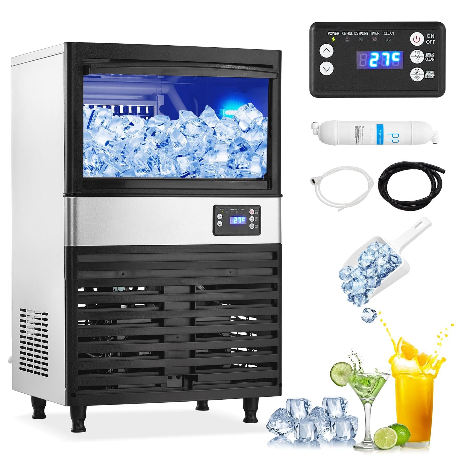 Commercial Ice Maker Stainless Steel, 150LBS/24H Ice Making Machine with 30LBS
