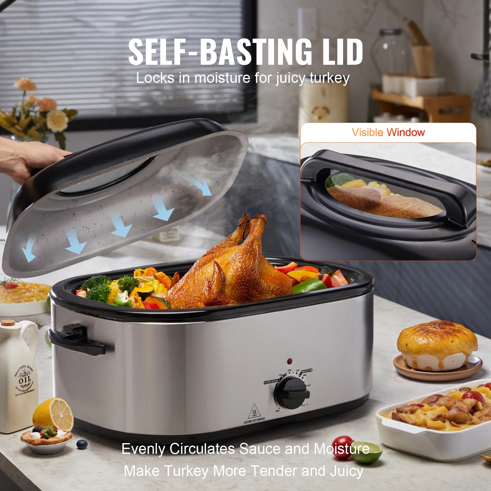 KFFKFF 24QT Electric Turkey Roaster Oven 1450W Fits 28LBS Turkey Silver