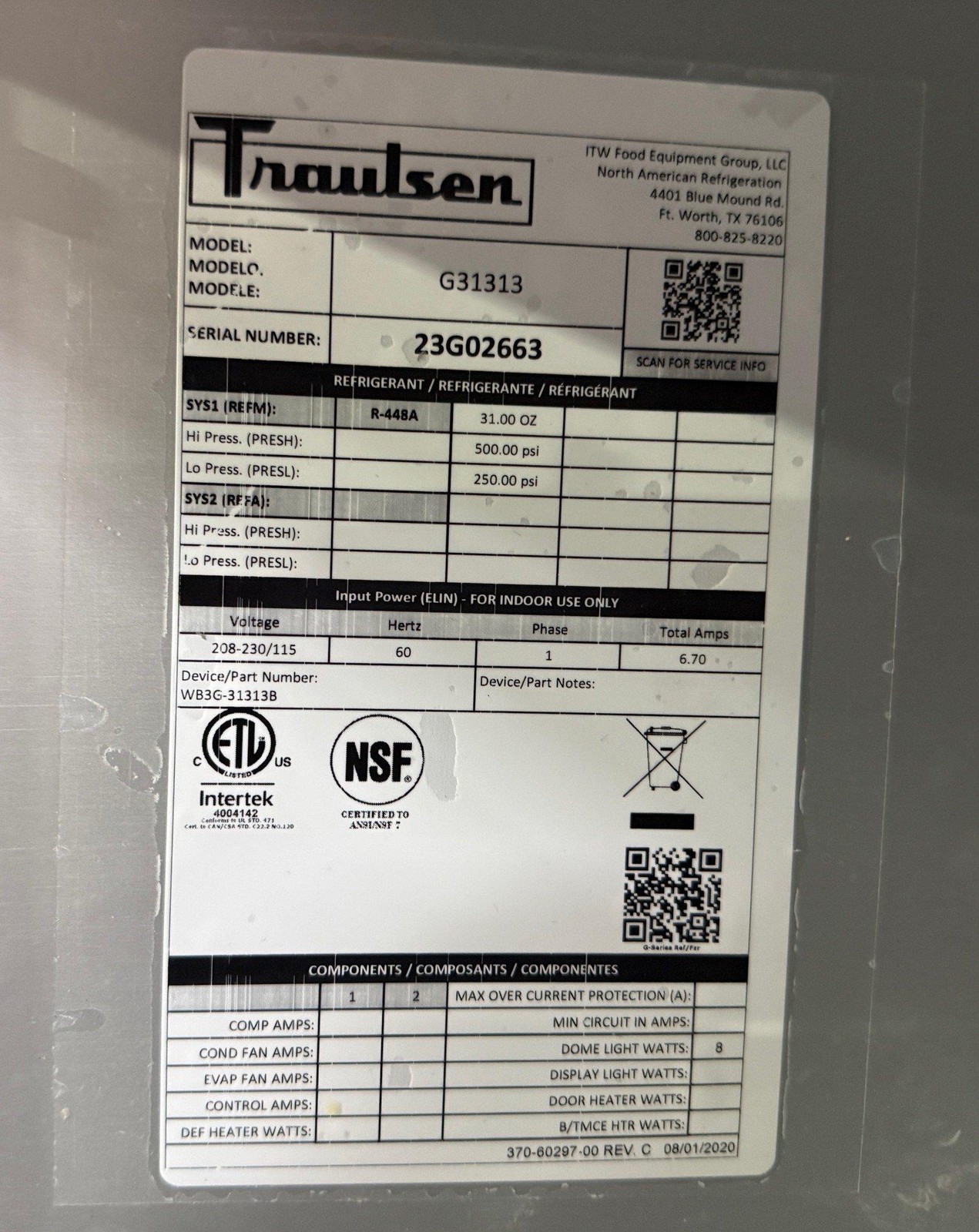 2024 TRAULSEN G31313 76 3/8″ 3 SOLID DOOR REACH IN FREEZER