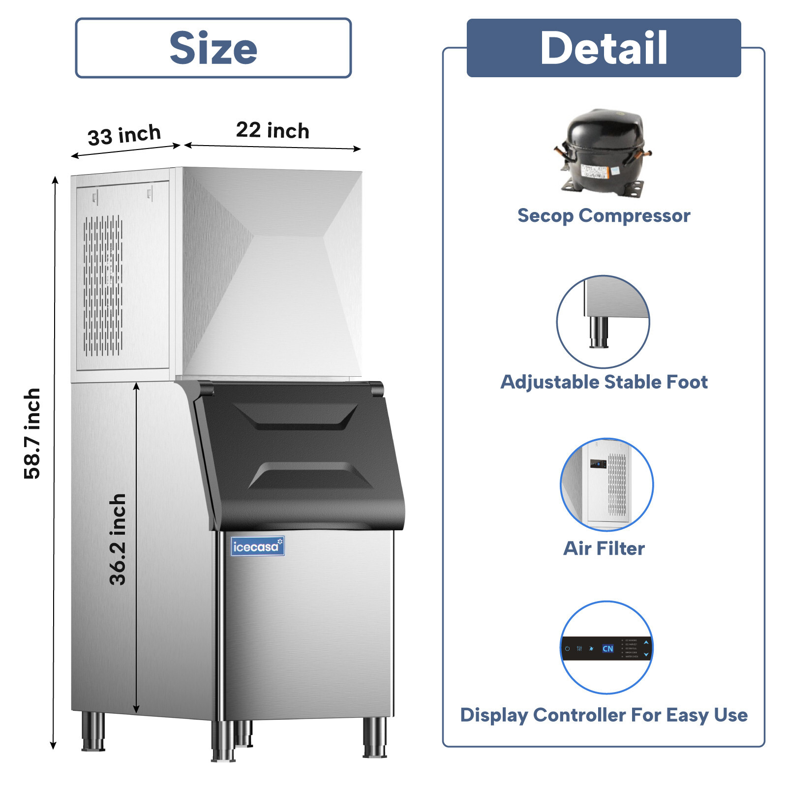 ICECASA Commercial Ice Maker Machine, 350 lbs Ice Makers with 230lbs Storage