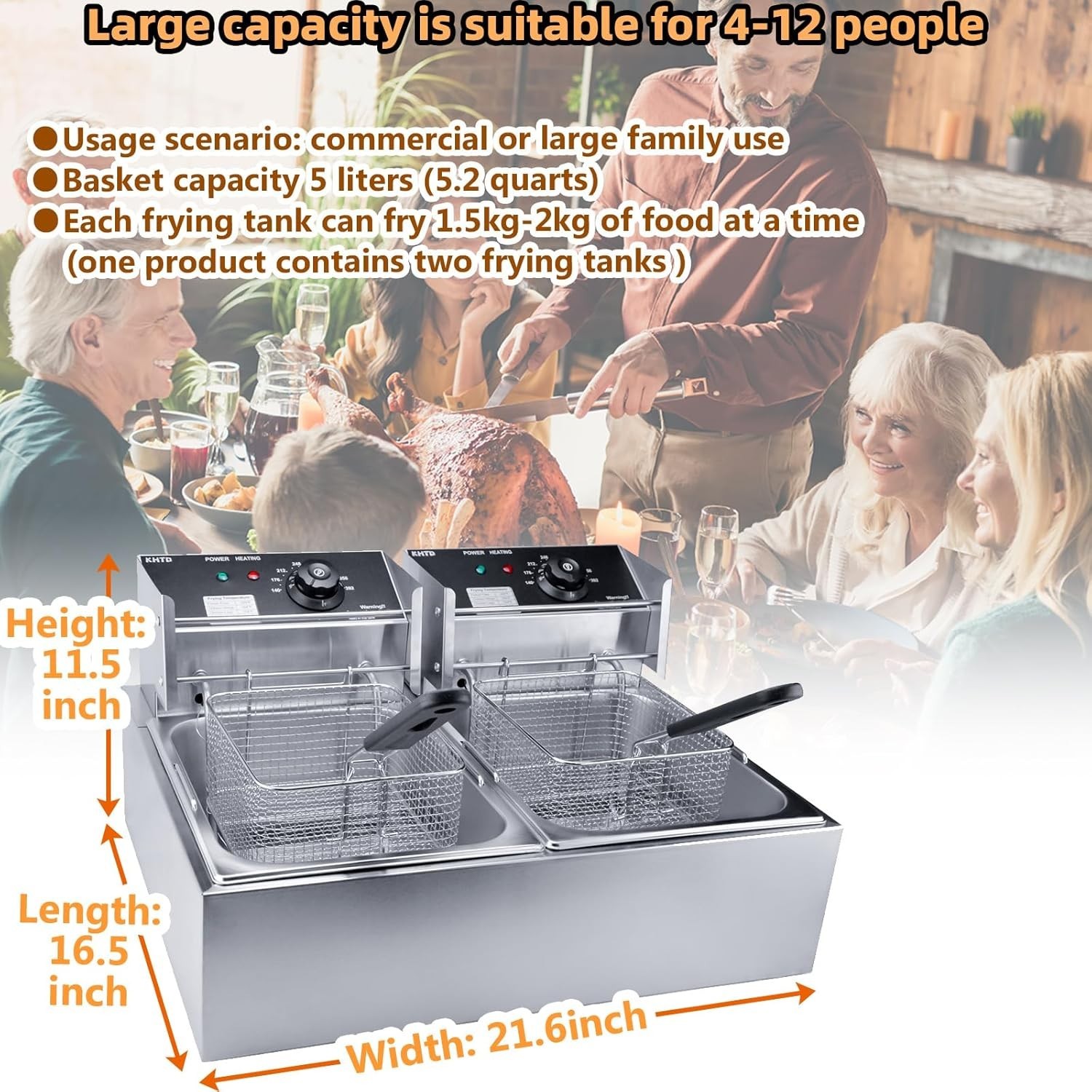 Commercial Countertop Deep Fryer, 3400W Stainless Steel