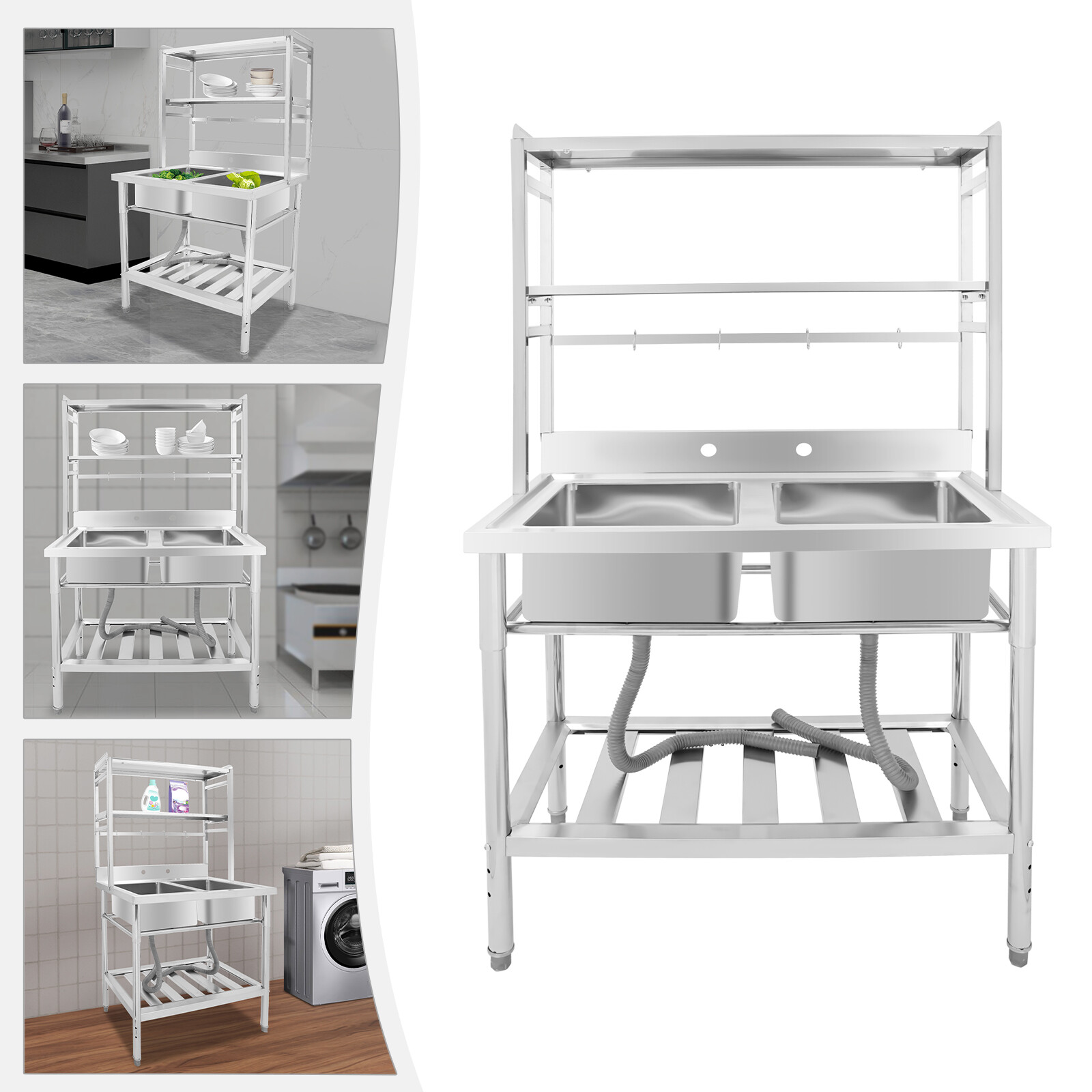 2 Compartment Sink Kitchen Rack Commercial Stainless Sink Free Standing Sink