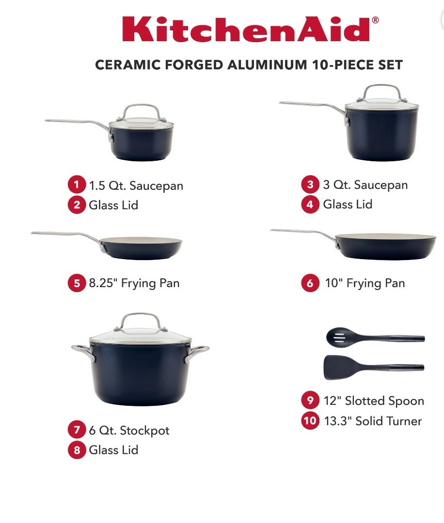 KitchenAid Ceramic Forged Aluminum Safe Nonstick 10 Piece Set Black. New