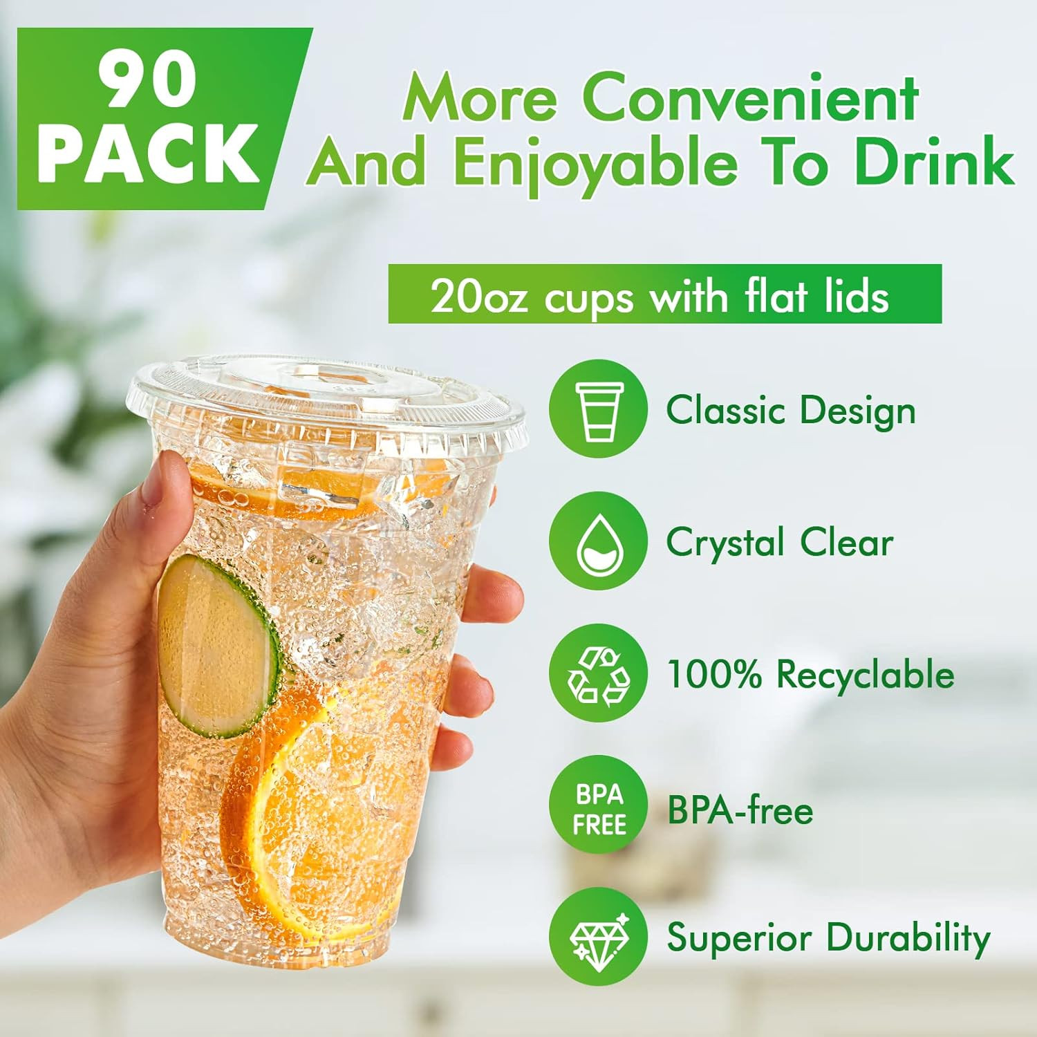 Lilymicky [90 Sets] 20 oz Clear Plastic Cups With Flat Lids, Disposable Drinking
