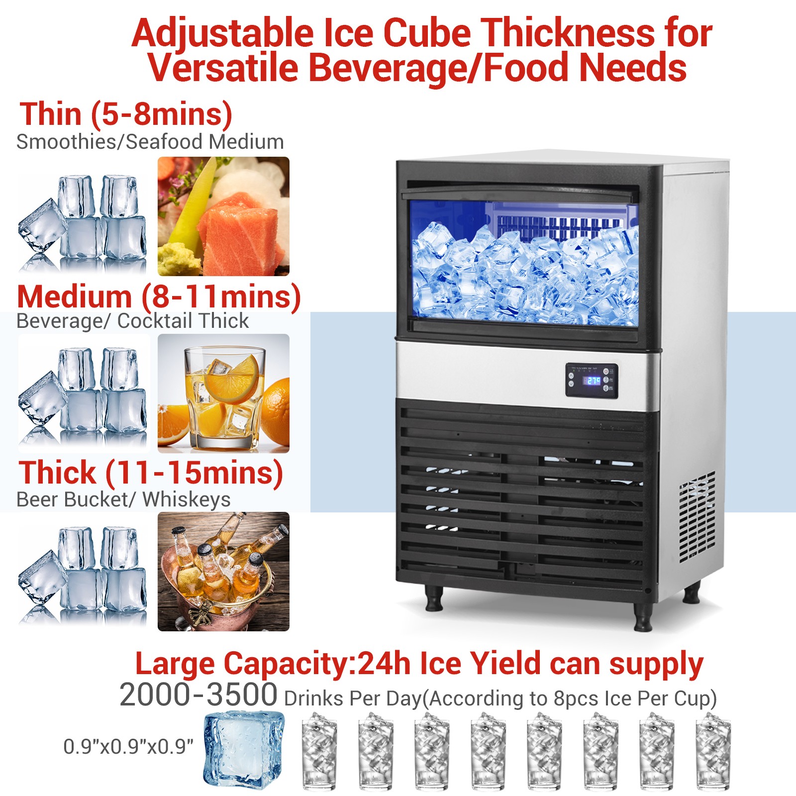 Commercial Ice Maker, 150lbs/24 Hours, Ice Maker Machine with 30lbs Storage Bin