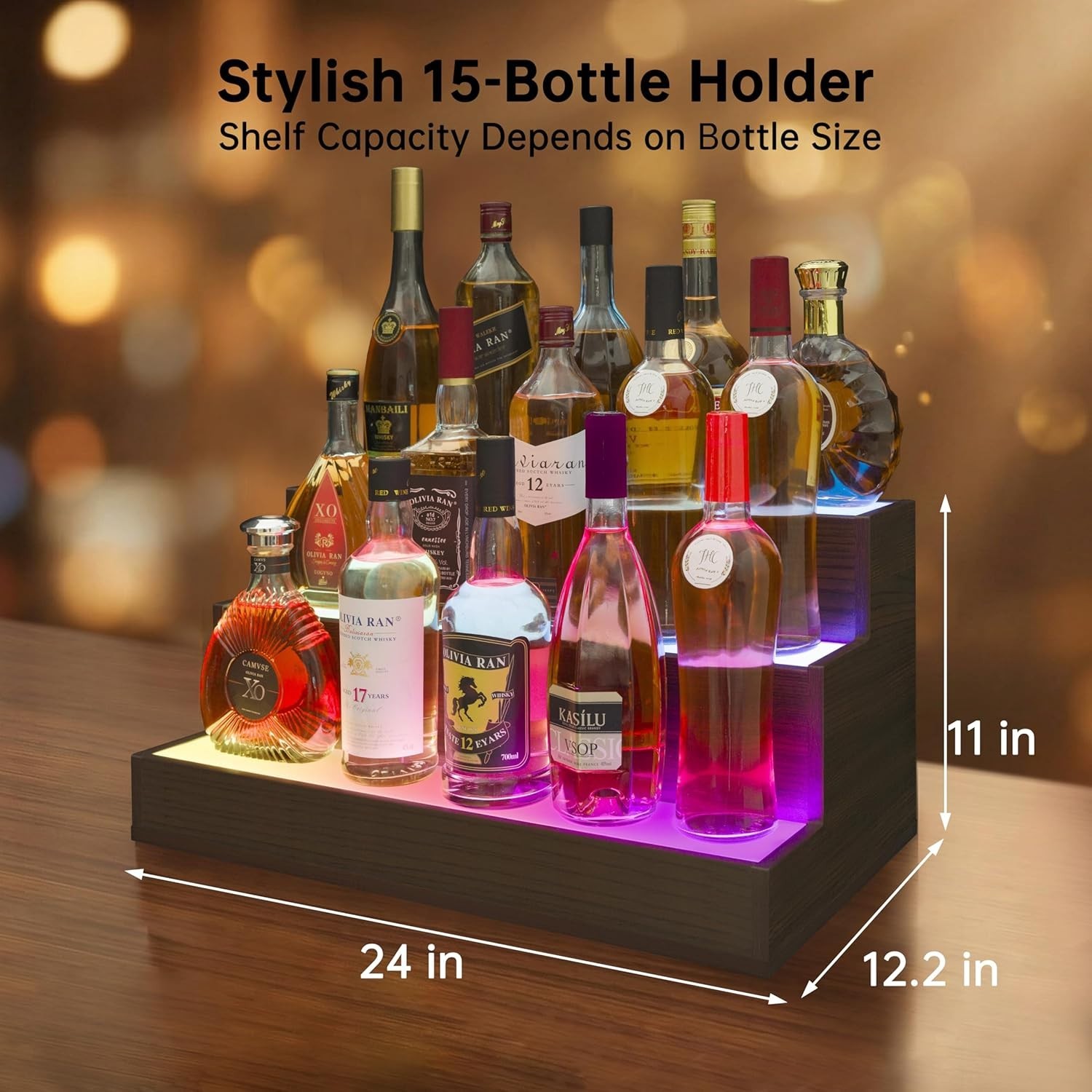 LED Liquor Bottle Display Shelf 24 Inch Walnut Modern 3 Tier Bar