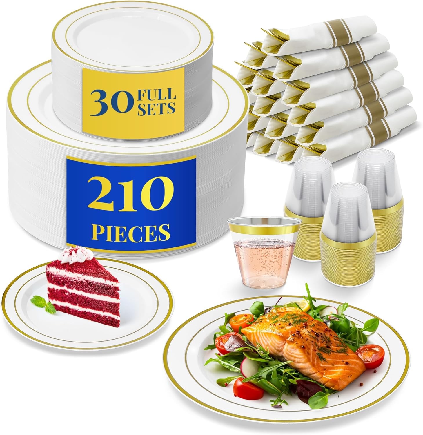 Plastic Plates for Party | 210 Pieces | White w/Gold Rim | Plates and Napkins