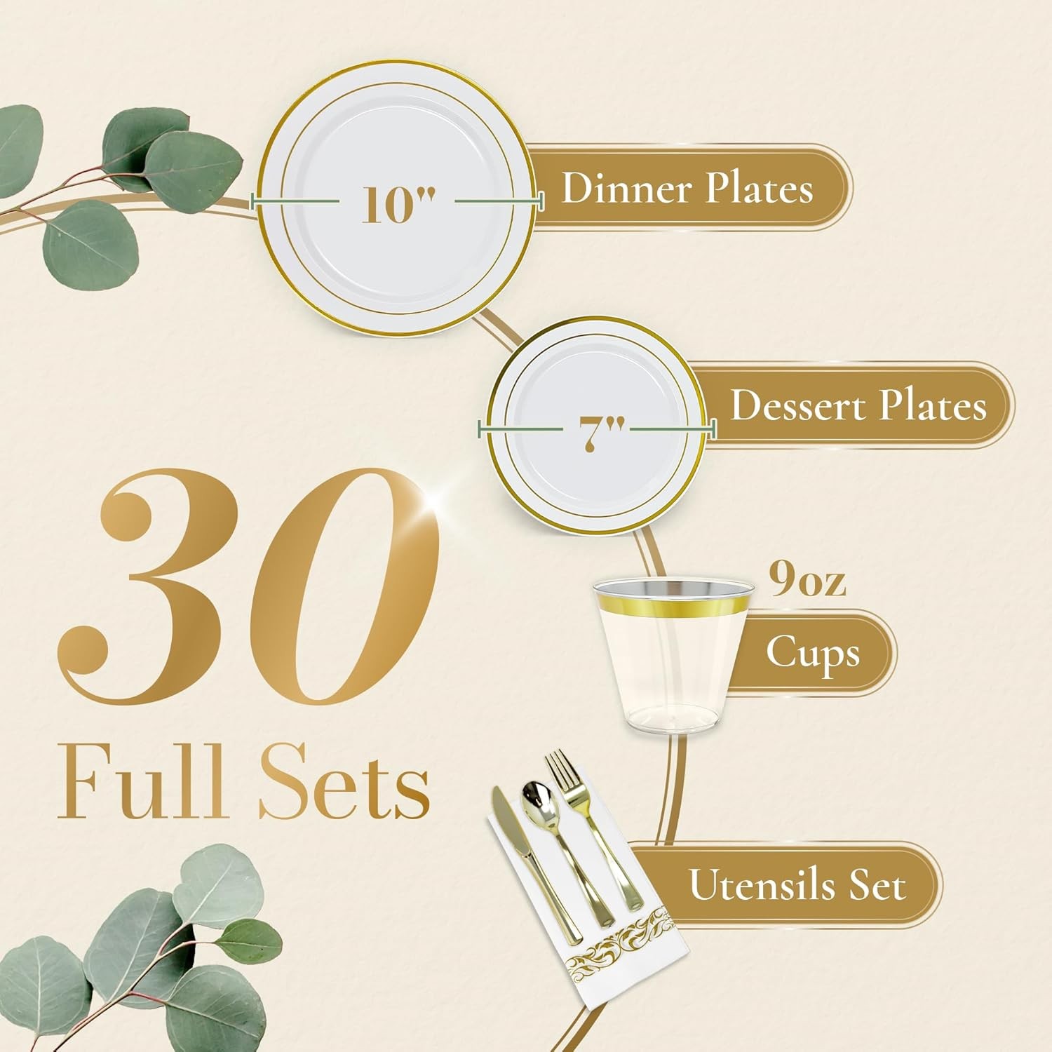 Plastic Plates for Party | 210 Pieces | White w/Gold Rim | Plates and Napkins