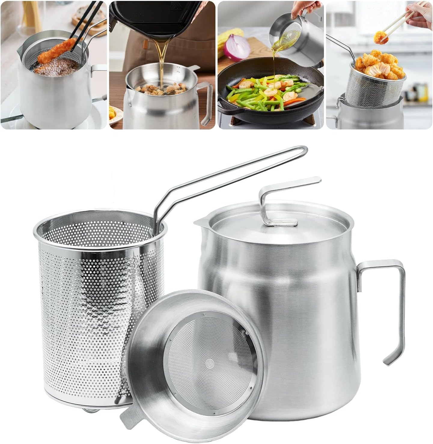 68oz Stainless Steel Oil Filter Pot with Deep Fryer Basket – 68 oz, Sliver
