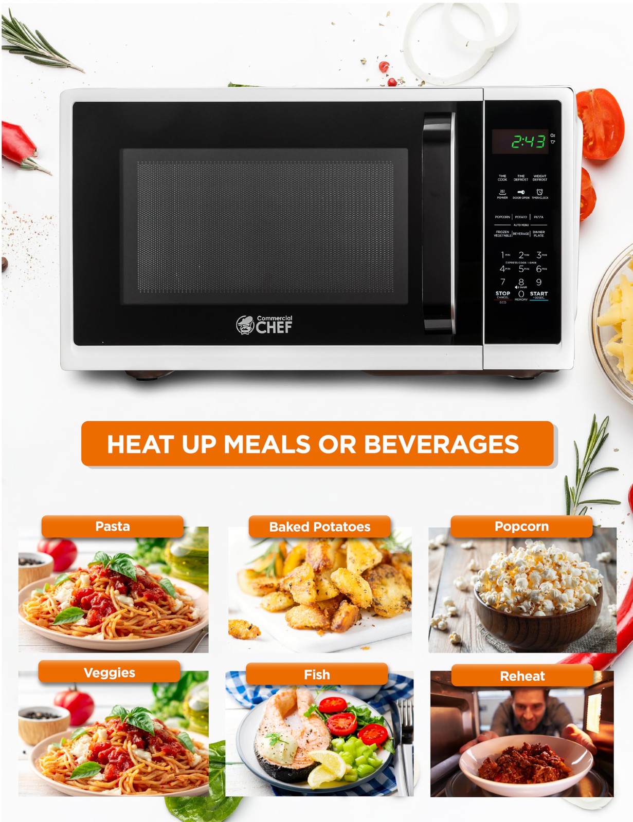 COMMERCIAL CHEF 0.9 Cubic Foot Microwave with 10 Power Feet, White