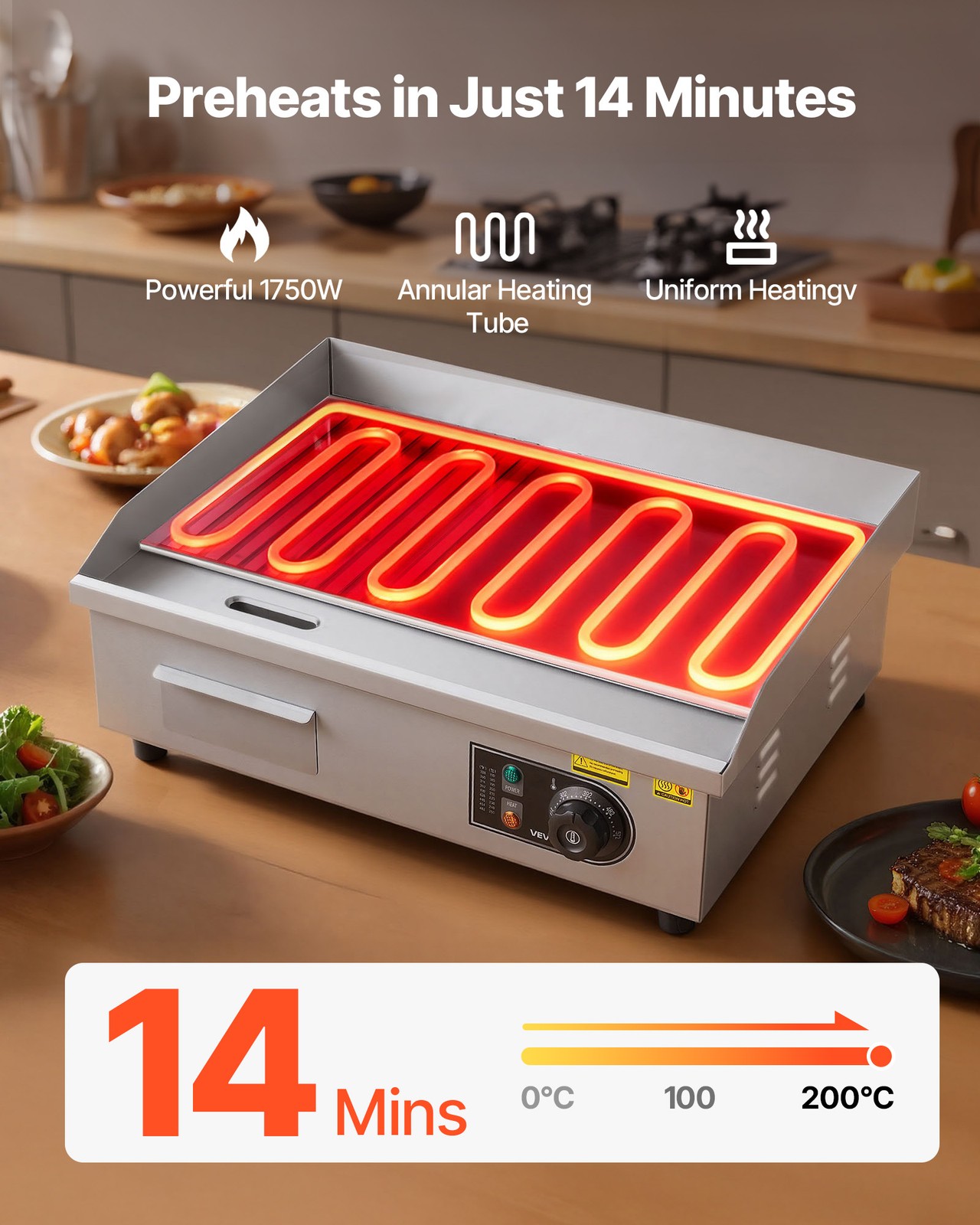 VEVOR Commercial Electric Griddle Countertop Half Flat Grill 21.06 x 11.81 inch