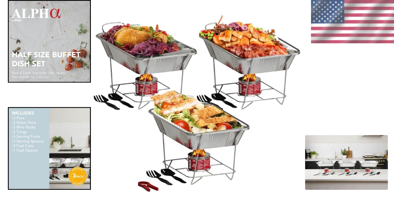 Durable Food Warmers Buffet Set with Utensils, Fuel, and Wire Stands – 3 Pack