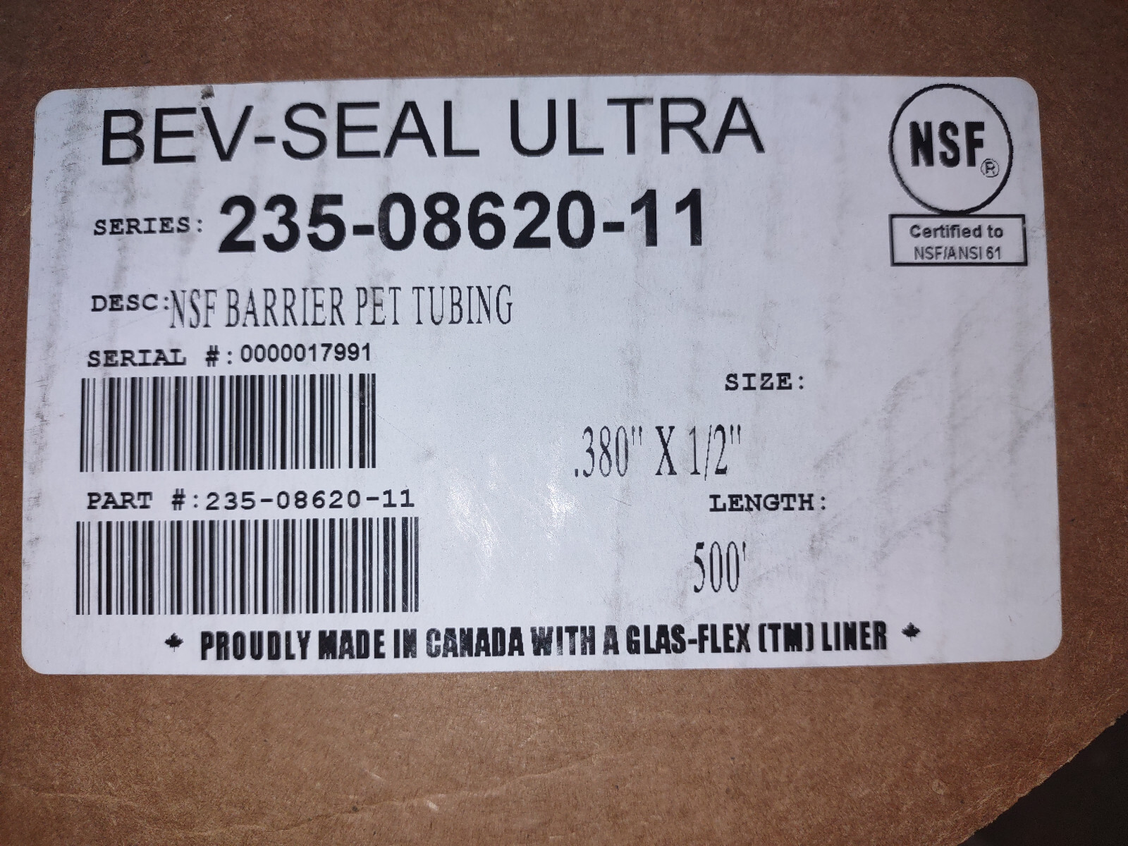 BEVERAGE TUBING 500′ BEV SEAL ULTRA 235 NSF BARRIER PET TUBING 0.380″IDX1/2″OD