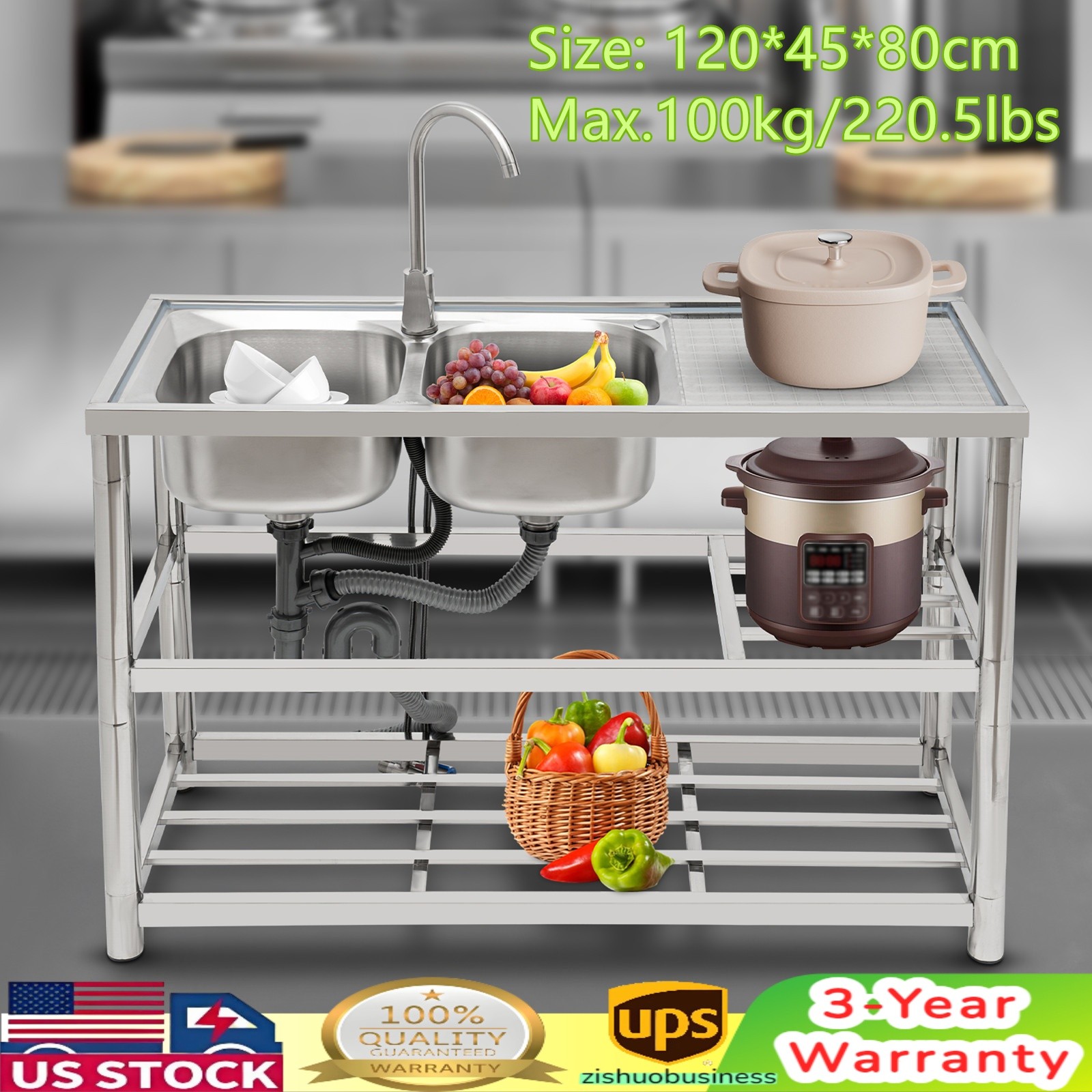 Free Standing Commercial Kitchen Sink Stainless Steel Dual Bowl For Restaurant