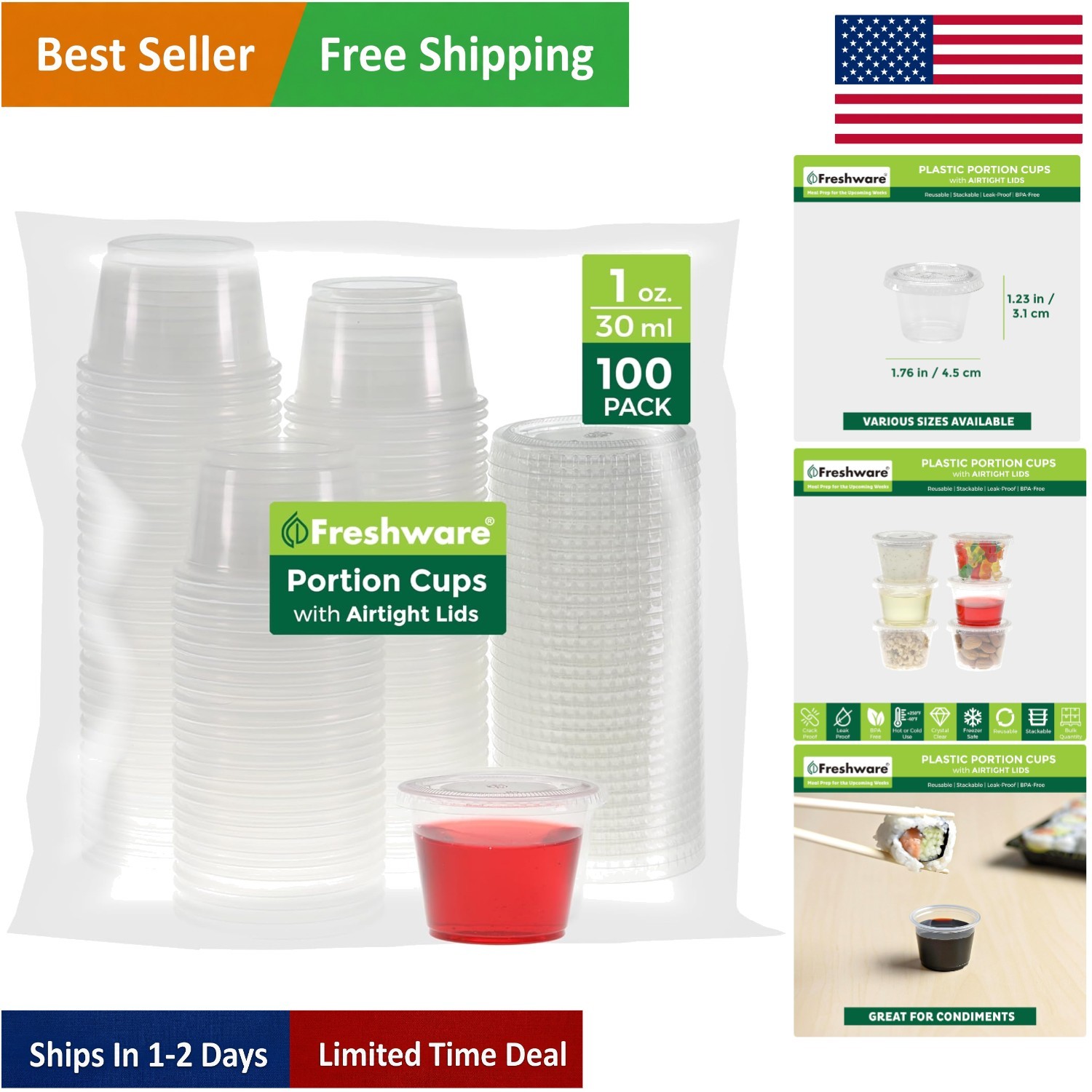 1 Ounce Clear Portion Cups with Airtight Lids – 100 Set for Kitchen & Parties
