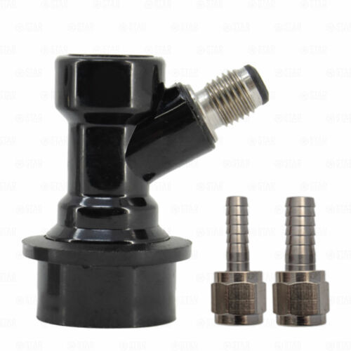 Ball Lock Corny Keg Coupler 1/4″ MFL Threaded 3/8″ and 1/4″ Barbs BEVERAGE ONLY