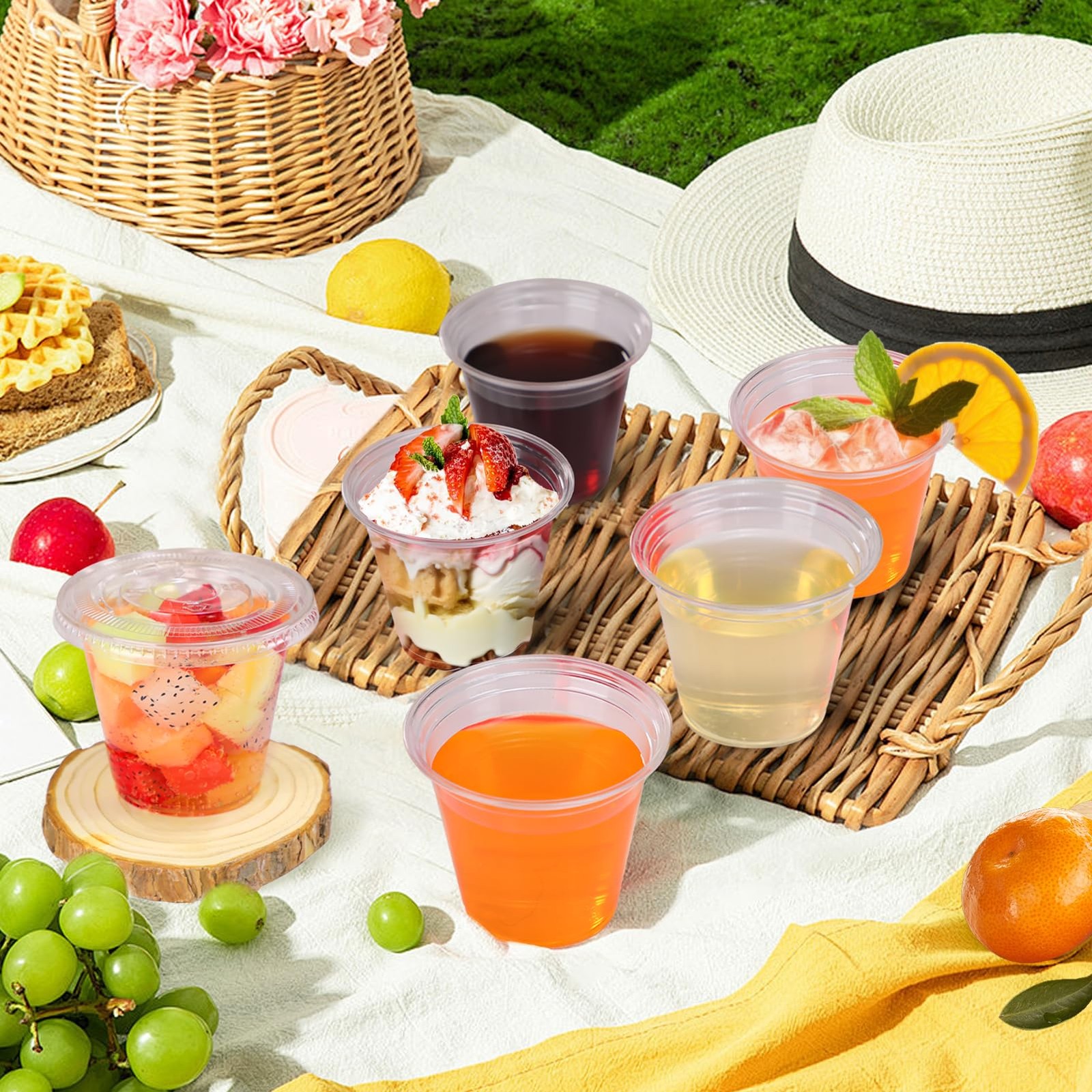 BYSNOW 100 Pack 9 oz Clear Plastic Cups With Flat 100Pack-Flat Lids,