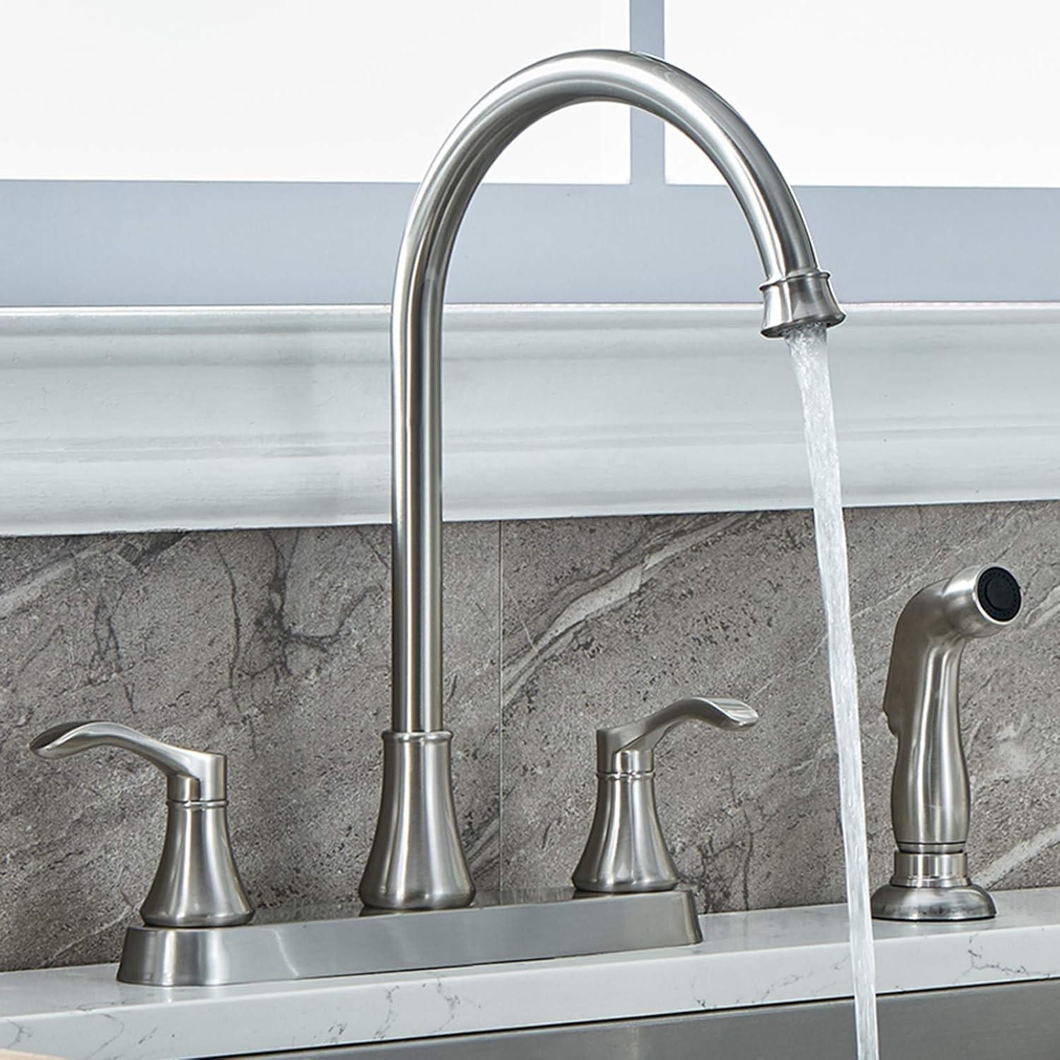 Brushed Nickel 2-Handle Kitchen Faucet with Side Sprayer, 3/4 Hole