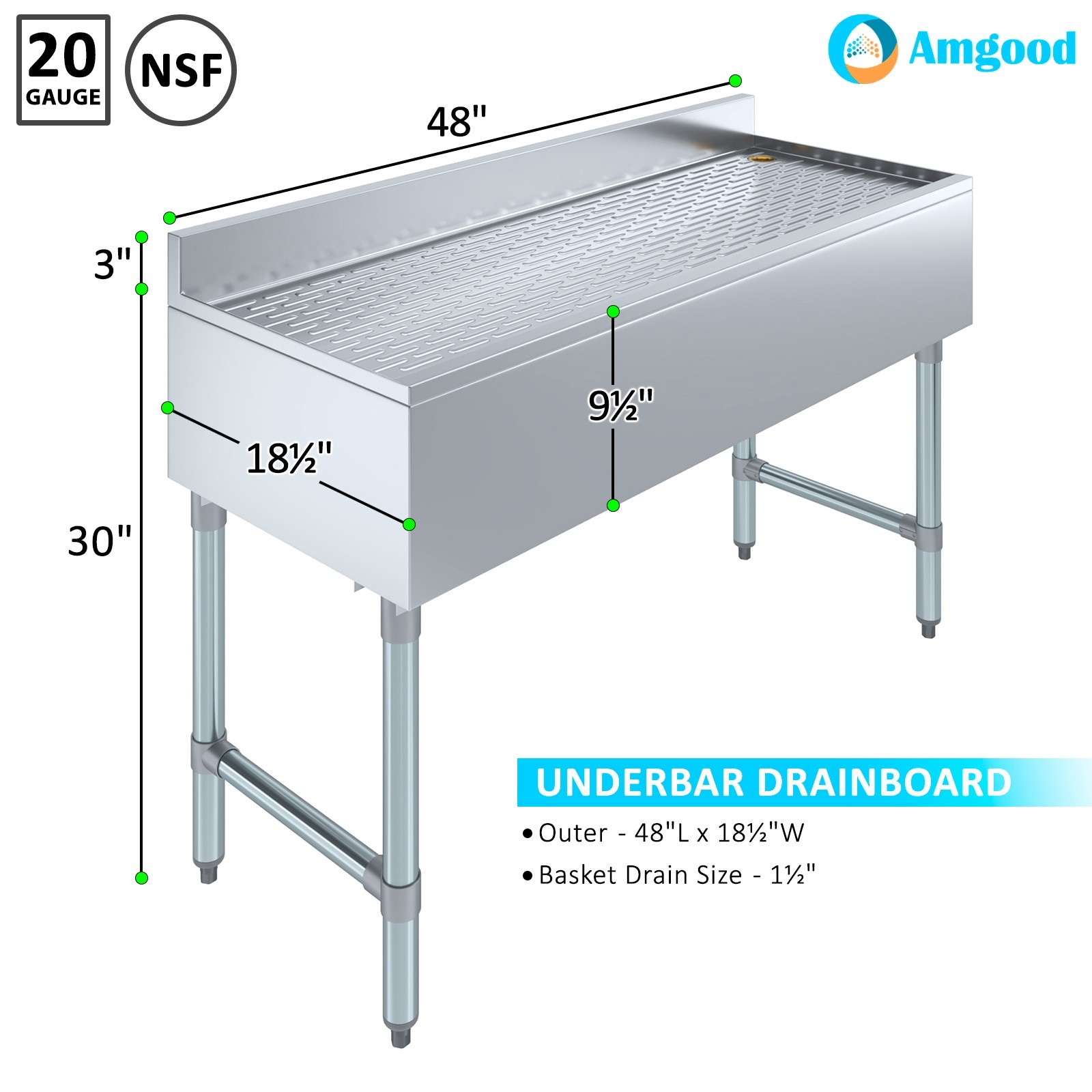 AmGood 48 in. x 18 in. Stainless Steel Underbar Drainboard