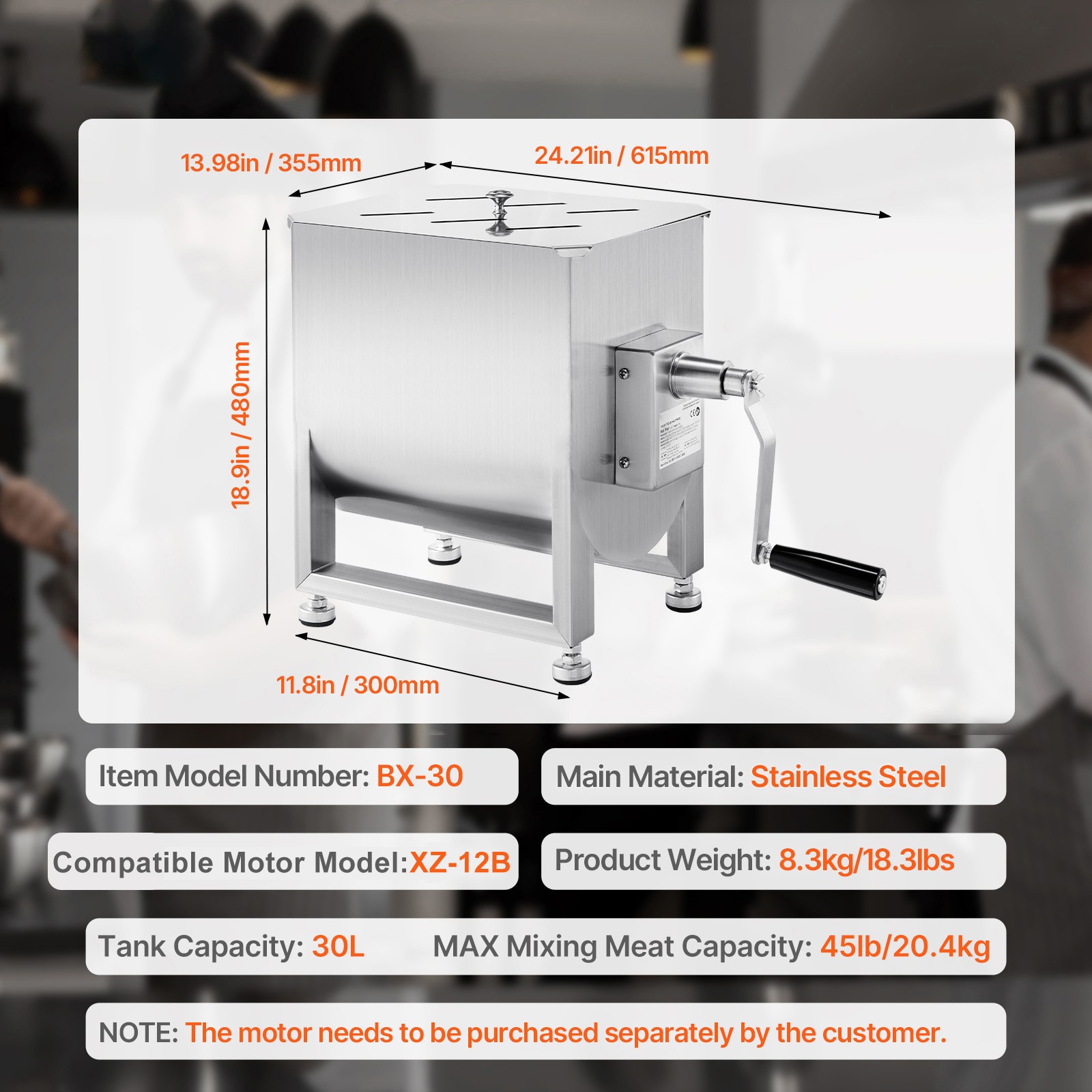 Uimoso Manual Meat Mixer 30L Fixed Tank Mixing Max 45LB for Meat Sausage Mixer