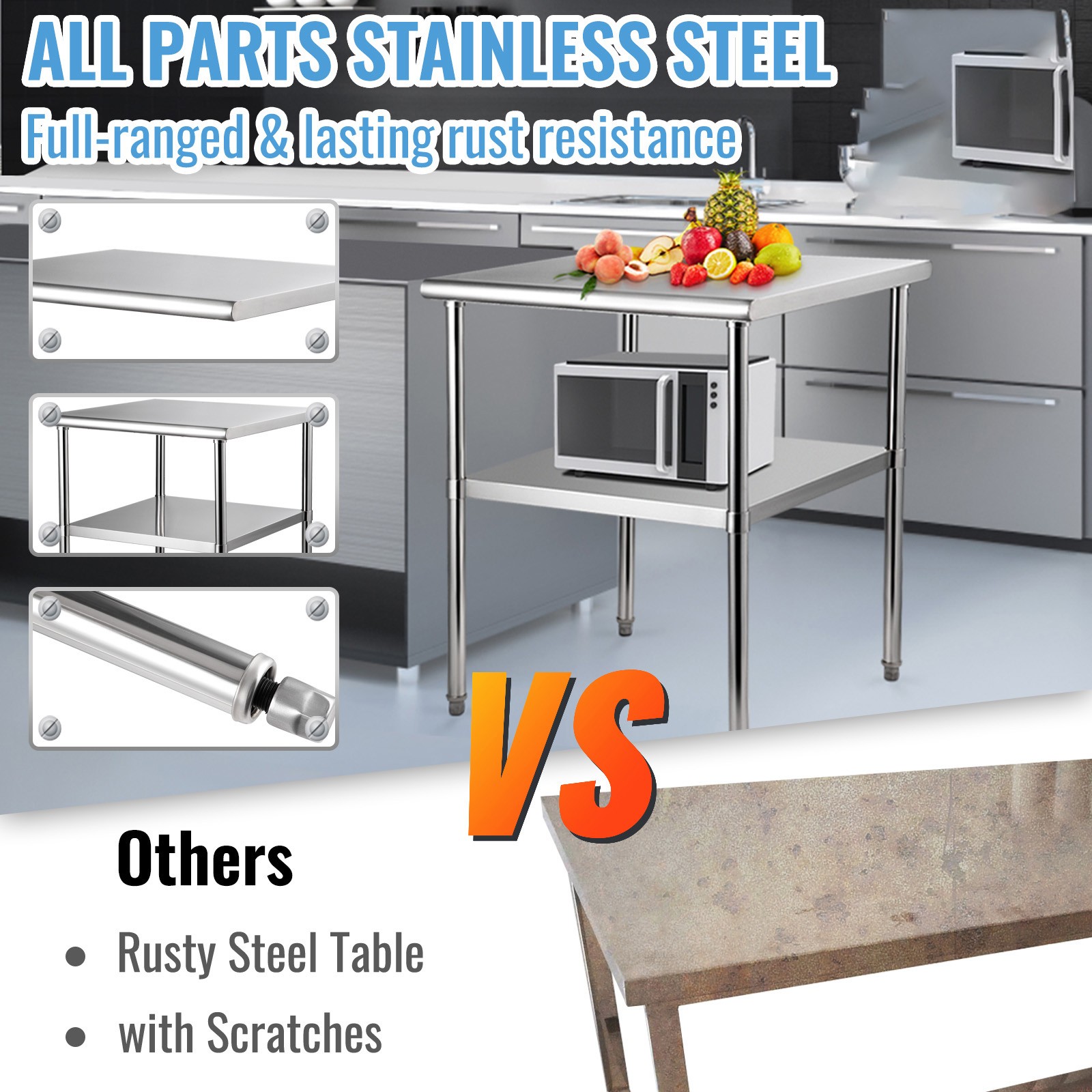 Uimoso Stainless Steel Commercial Prep Table for Food Service, 30x30x36in