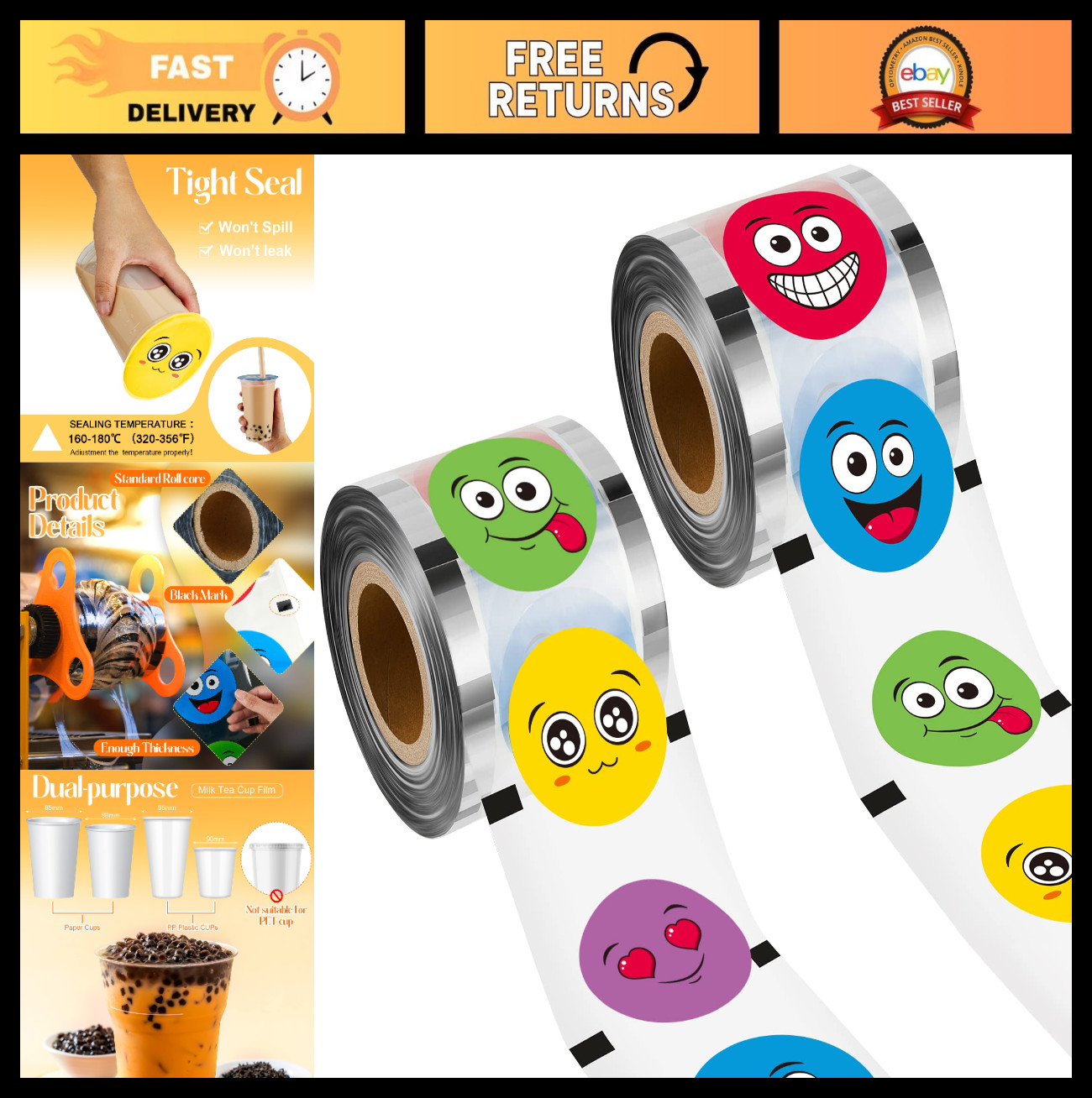 2 Rolls Cup Sealer Film for 90-105mm Machines, 6400 Cups, Bubble Tea & Juice