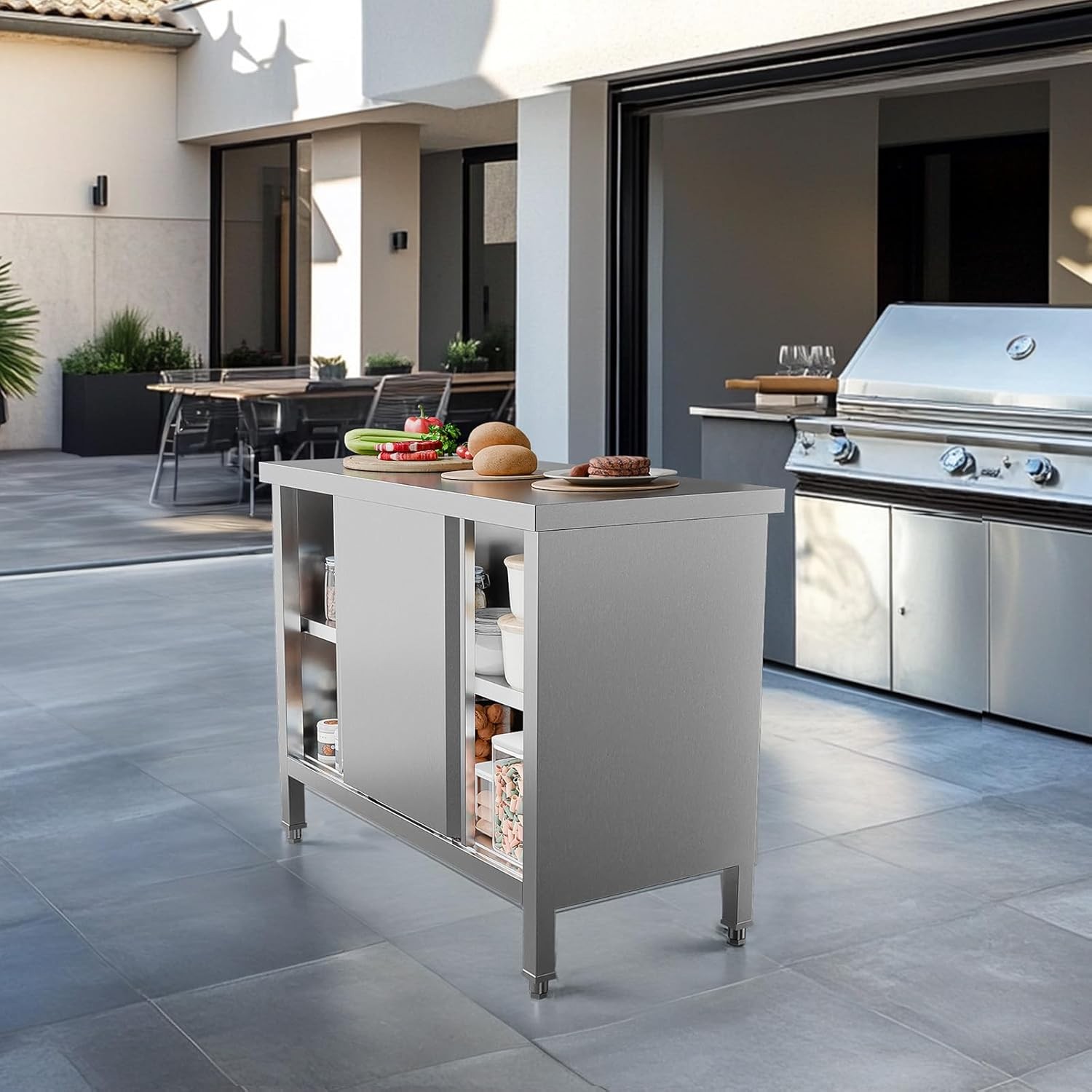 Stainless Steel Prep & Work Table with 2-Tier Cabinet & Sliding Doors for Garage
